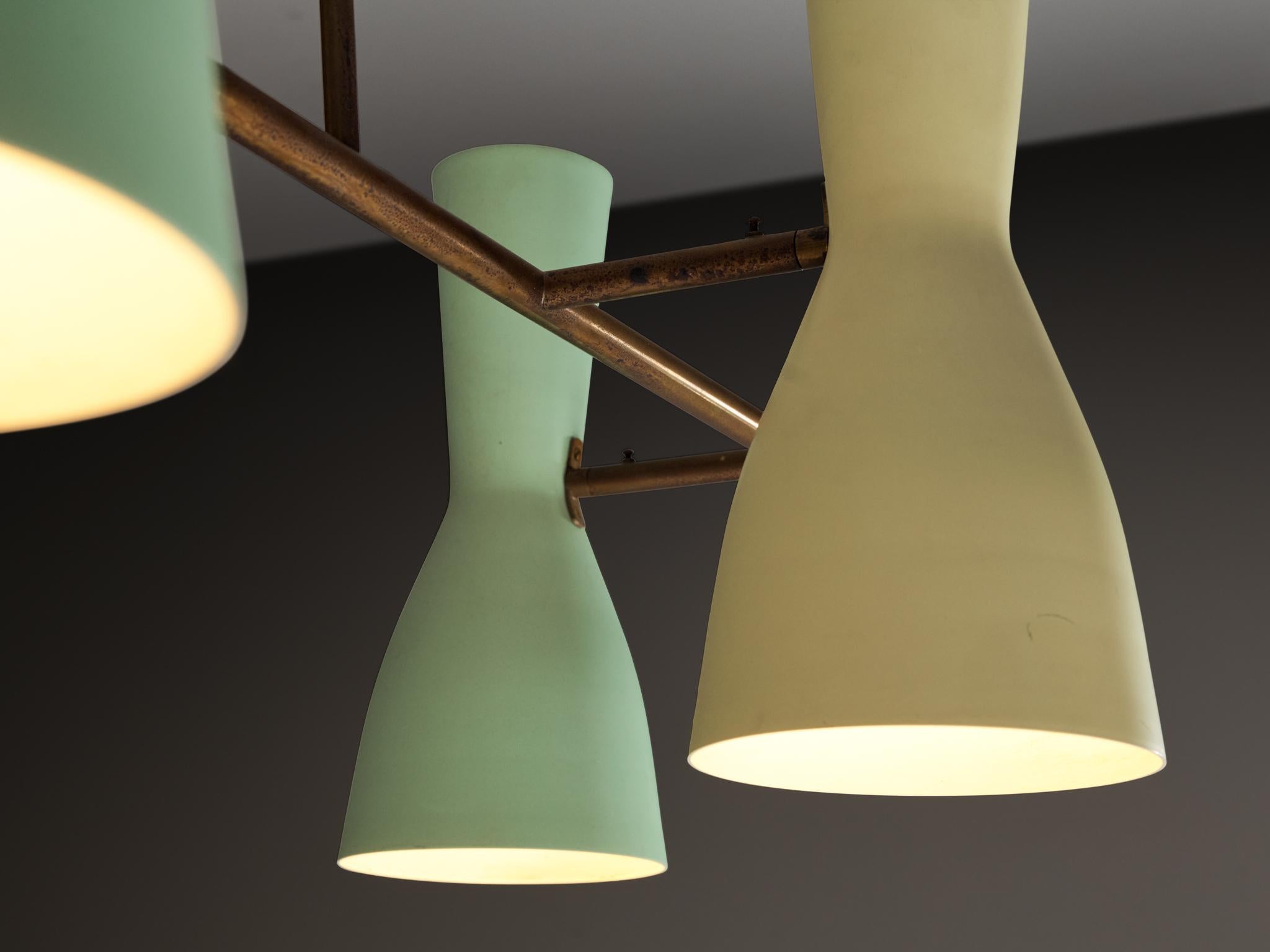 Italian Rare Stilnovo Large Chandelier in Brass with Mint Green and Pastel Yellow Shades For Sale