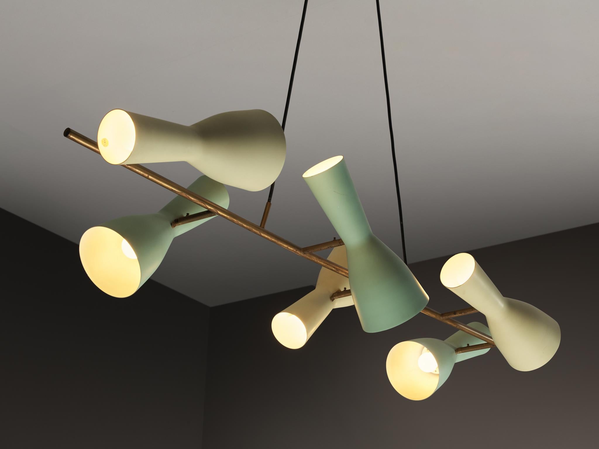 Rare Stilnovo Large Chandelier in Brass with Mint Green and Pastel Yellow Shades In Good Condition For Sale In Waalwijk, NL