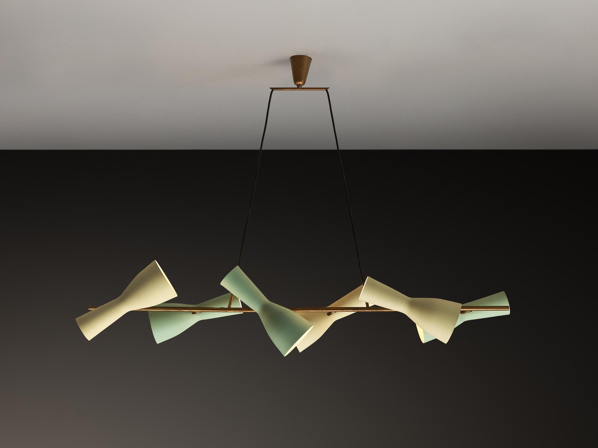 Mid-20th Century Rare Stilnovo Large Chandelier in Brass with Mint Green and Pastel Yellow Shades For Sale