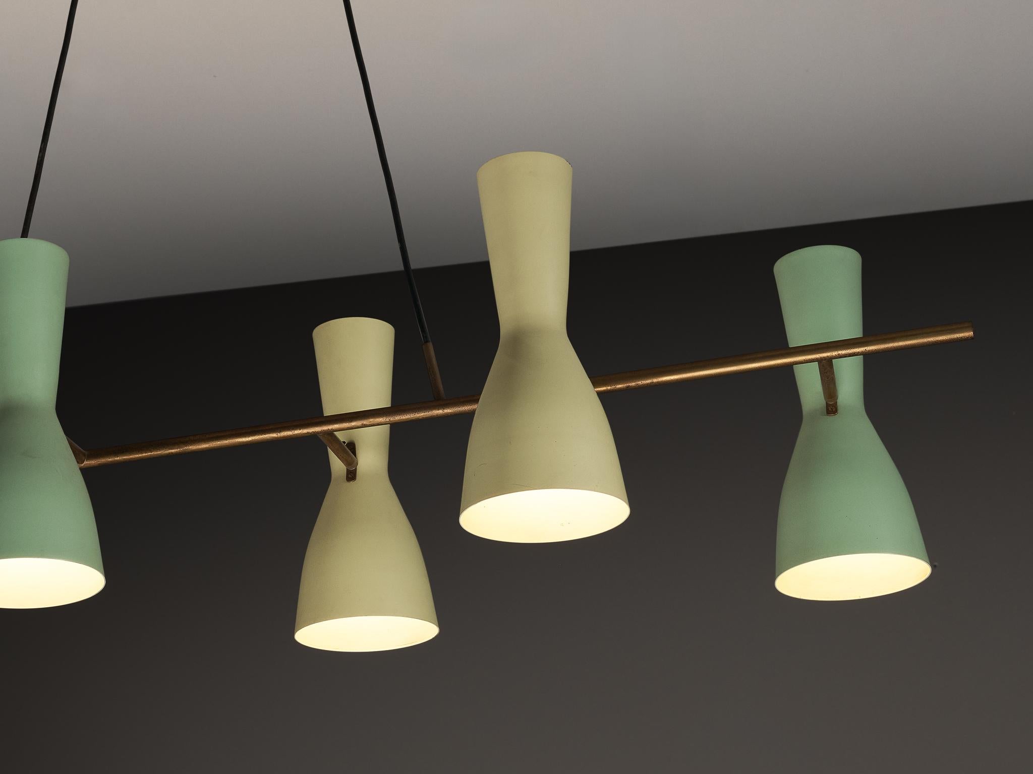Aluminum Rare Stilnovo Large Chandelier in Brass with Mint Green and Pastel Yellow Shades For Sale
