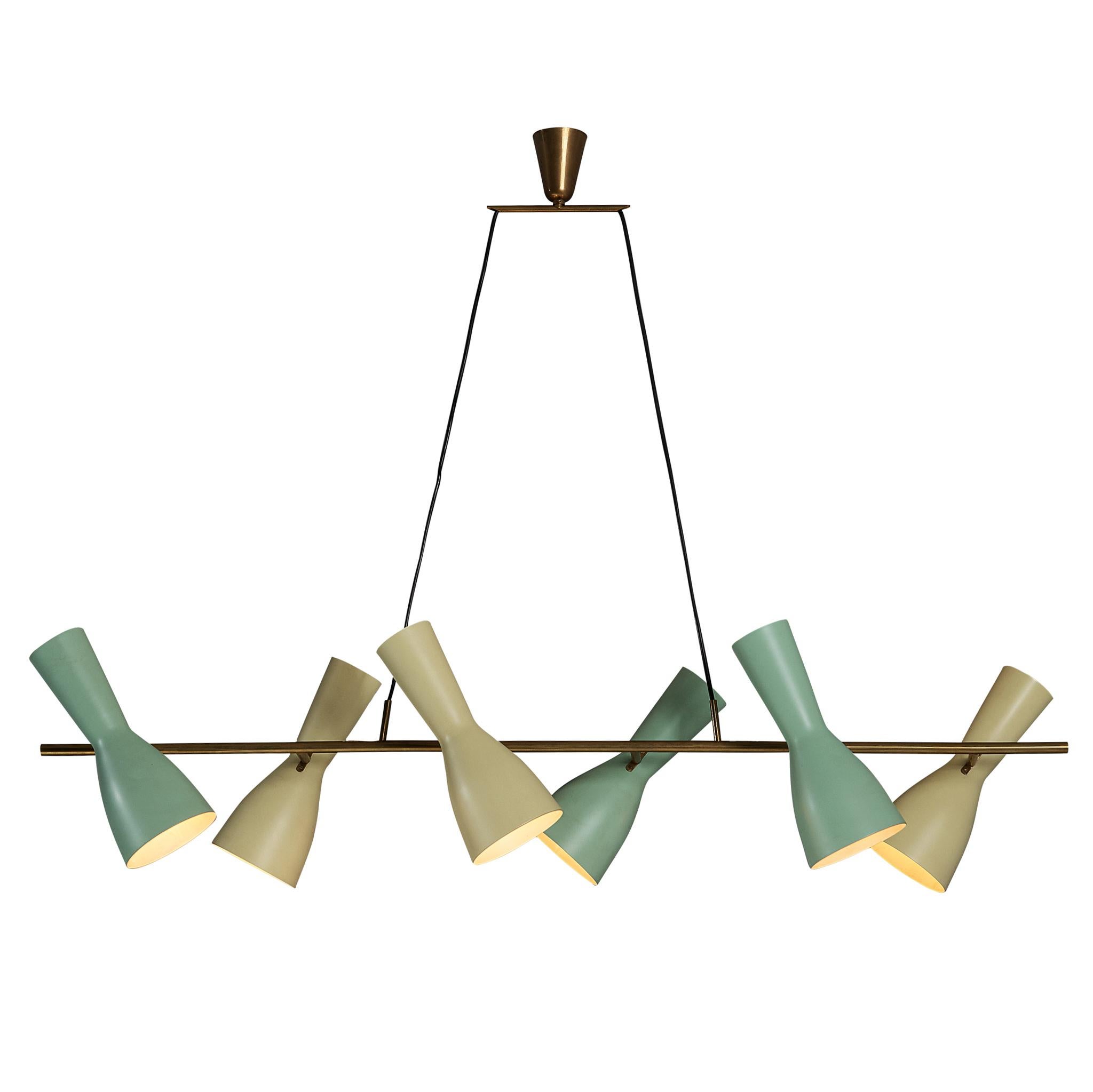 Rara lámpara de araña grande Stilnovo de latón con pantallas verde menta y amarillo pastel