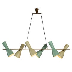 Rare Stilnovo Large Chandelier in Brass with Mint Green and Pastel Yellow Shades