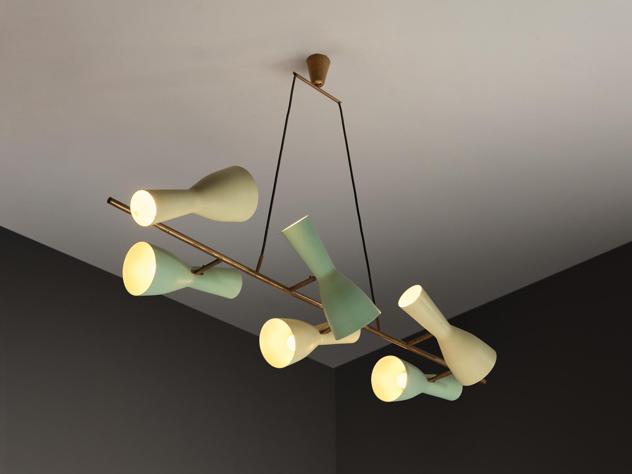 Rare Stilnovo Large Chandelier in Brass with Mint Green and Pastel Yellow Shades For Sale 1