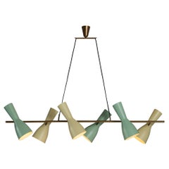 Rare Stilnovo Large Chandelier in Brass with Mint Green and Pastel Yellow Shades