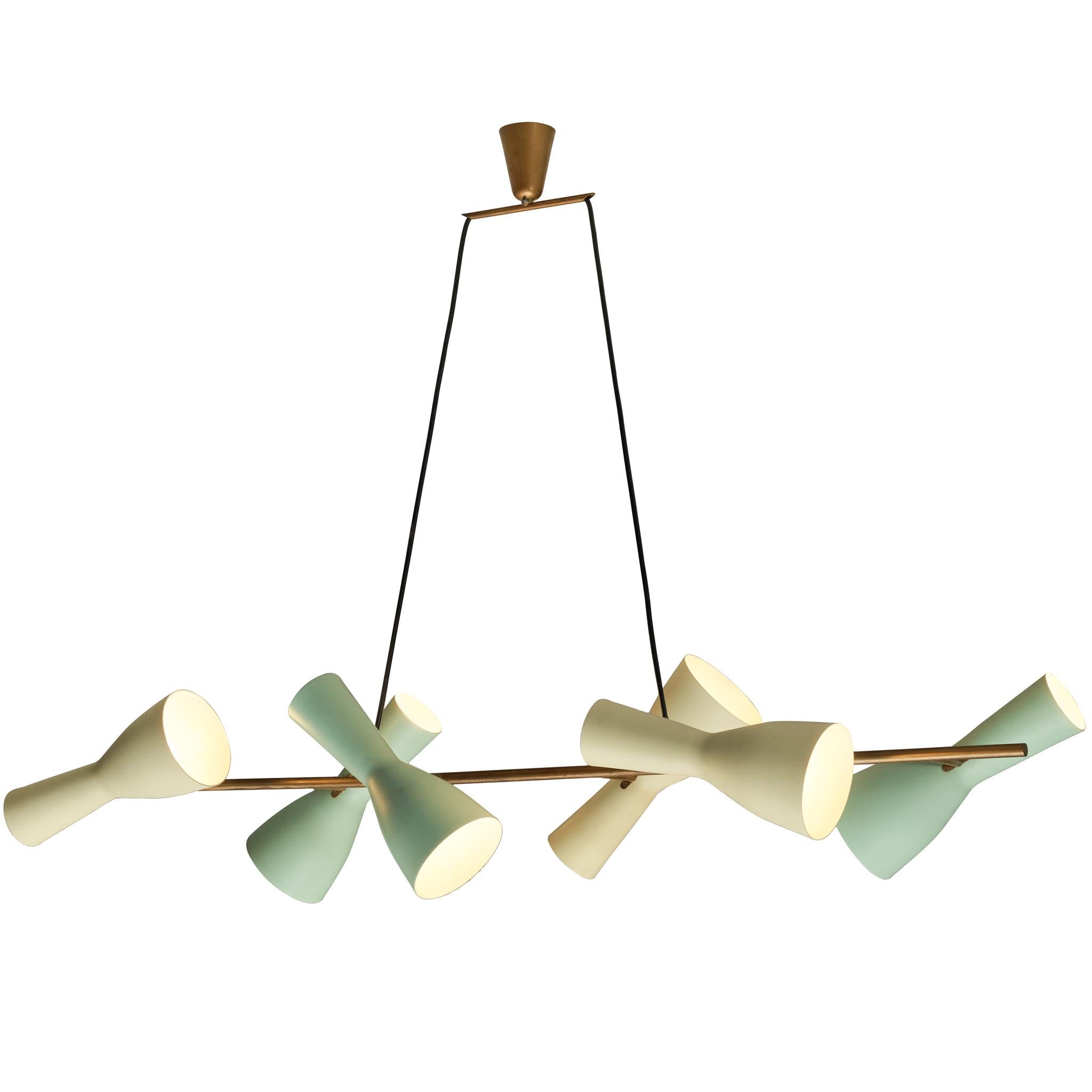 Rare Stilnovo Large Chandelier in Brass with Mint Green and Pastel Yellow Shades For Sale