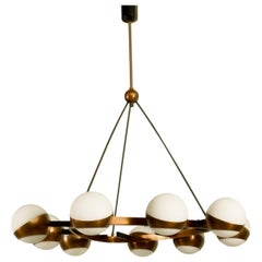 Rare Stilnovo Nine-Branch Triangular Brass Chandelier, Italy, 1950s