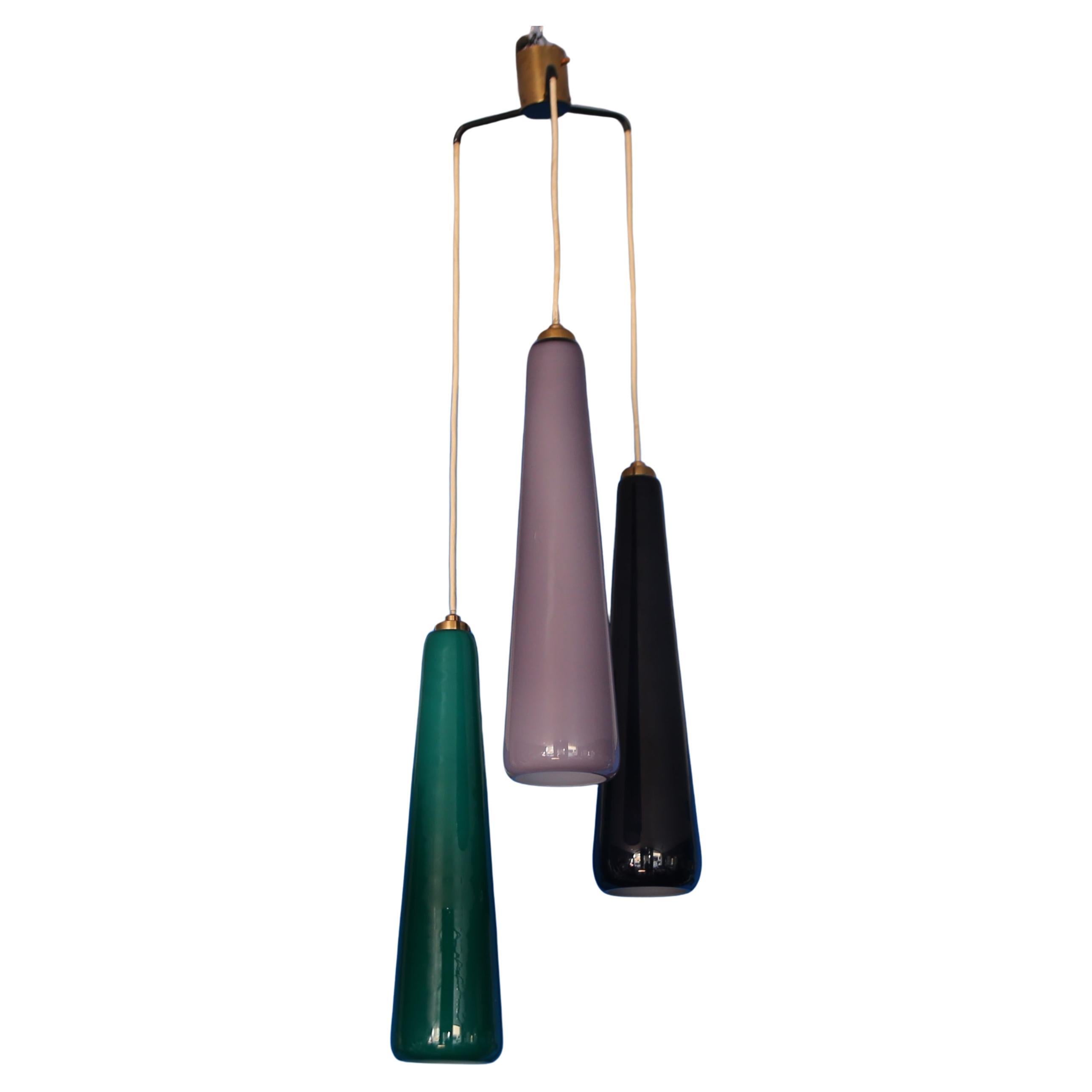 Rare Stilnovo pendant lamp in brass, diffusers in  murano colored glass 1950 For Sale