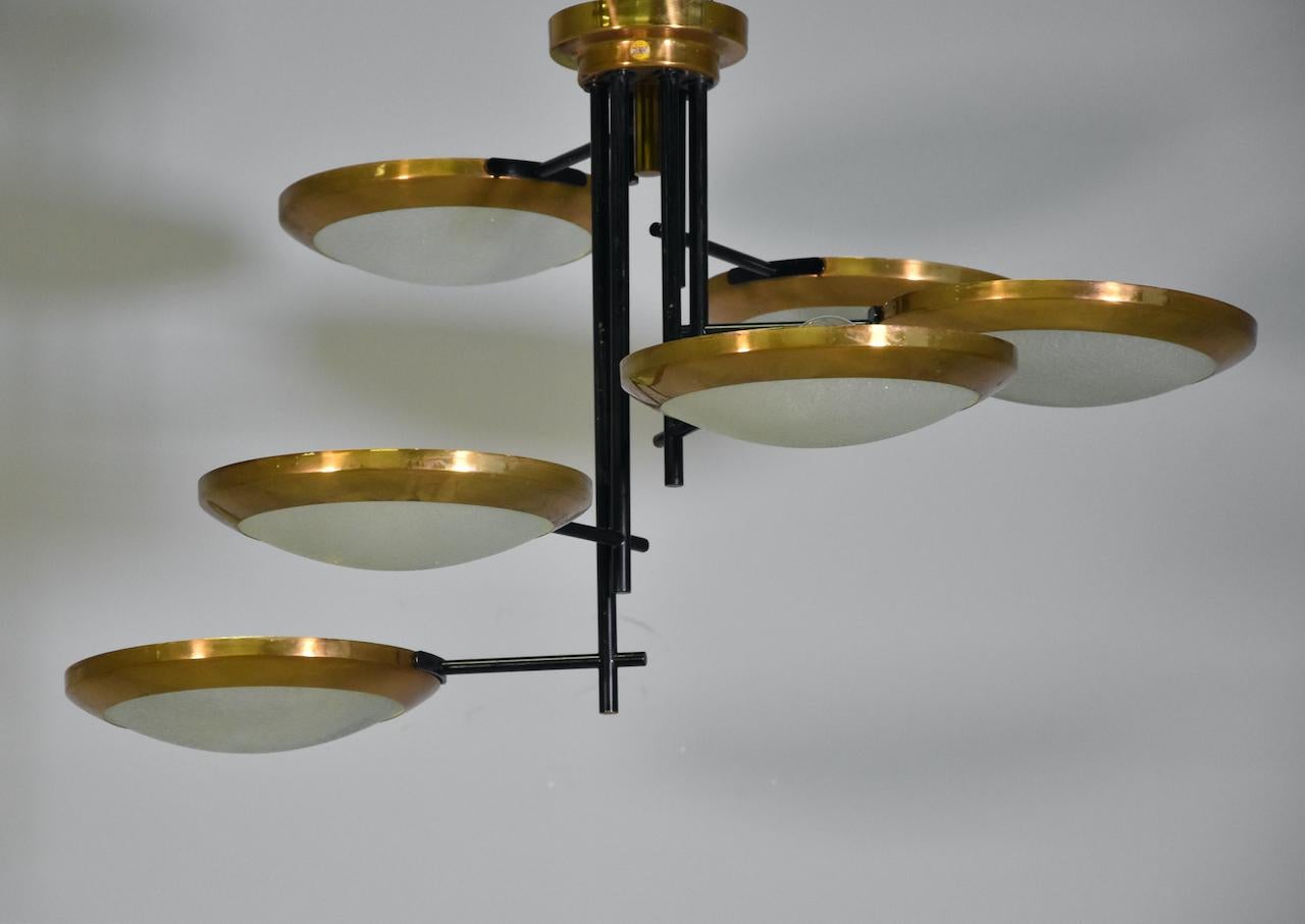 Rare Stilnovo Six Discs Ceiling Lamp in Brass and Glass, Italy 1950s For Sale 5