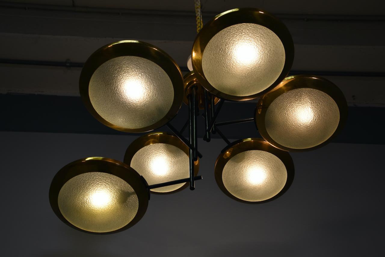 Rare Stilnovo Six Discs Ceiling Lamp in Brass and Glass, Italy 1950s For Sale 8
