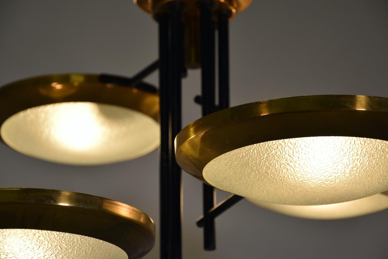Mid-Century Modern Rare Stilnovo Six Discs Ceiling Lamp in Brass and Glass, Italy 1950s For Sale