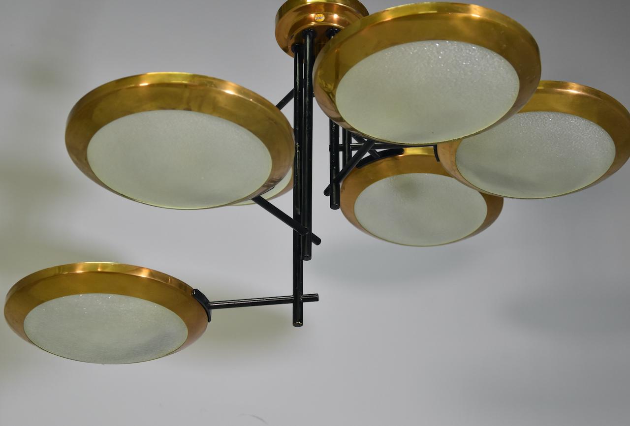 Italian Rare Stilnovo Six Discs Ceiling Lamp in Brass and Glass, Italy 1950s