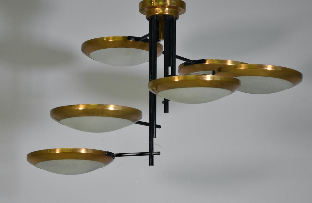 20th Century Rare Stilnovo Six Discs Ceiling Lamp in Brass and Glass, Italy 1950s