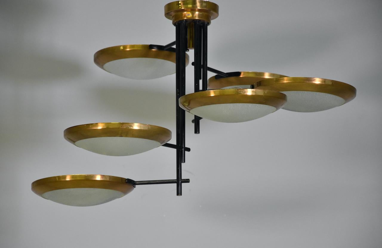 Rare Stilnovo Six Discs Ceiling Lamp in Brass and Glass, Italy 1950s For Sale 3