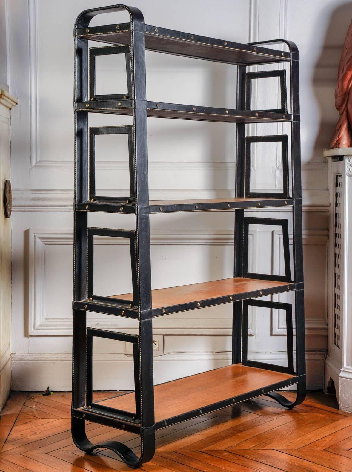 Rare Stitched Leather Bookcase by Jacques Adnet In Excellent Condition In Bois-Colombes, FR