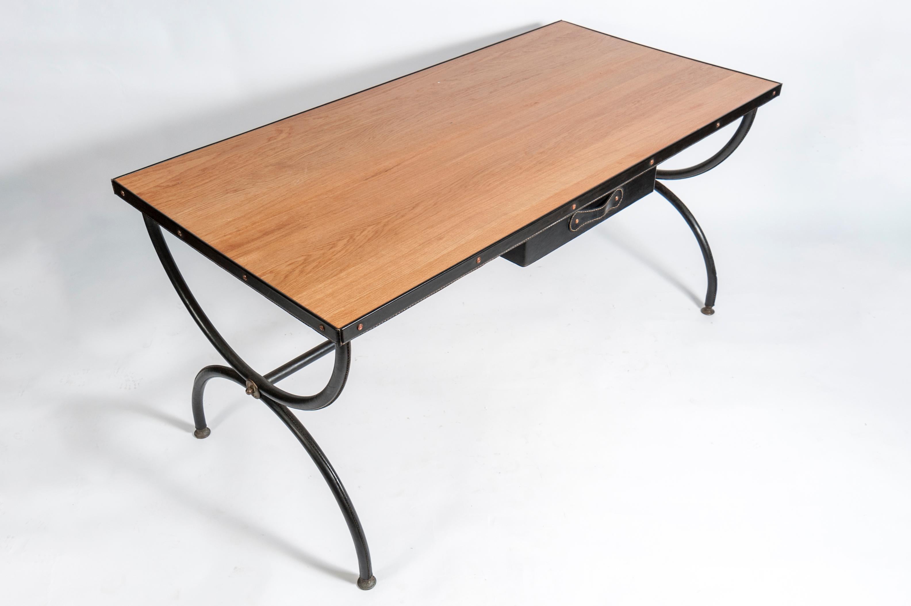 Rare Stitched Leather Desk by Jacques Adnet In Good Condition In Bois-Colombes, FR