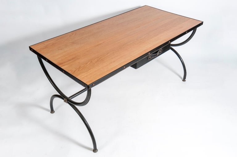 Rare Stitched Leather Desk by Jacques Adnet In Good Condition In Bois-Colombes, FR