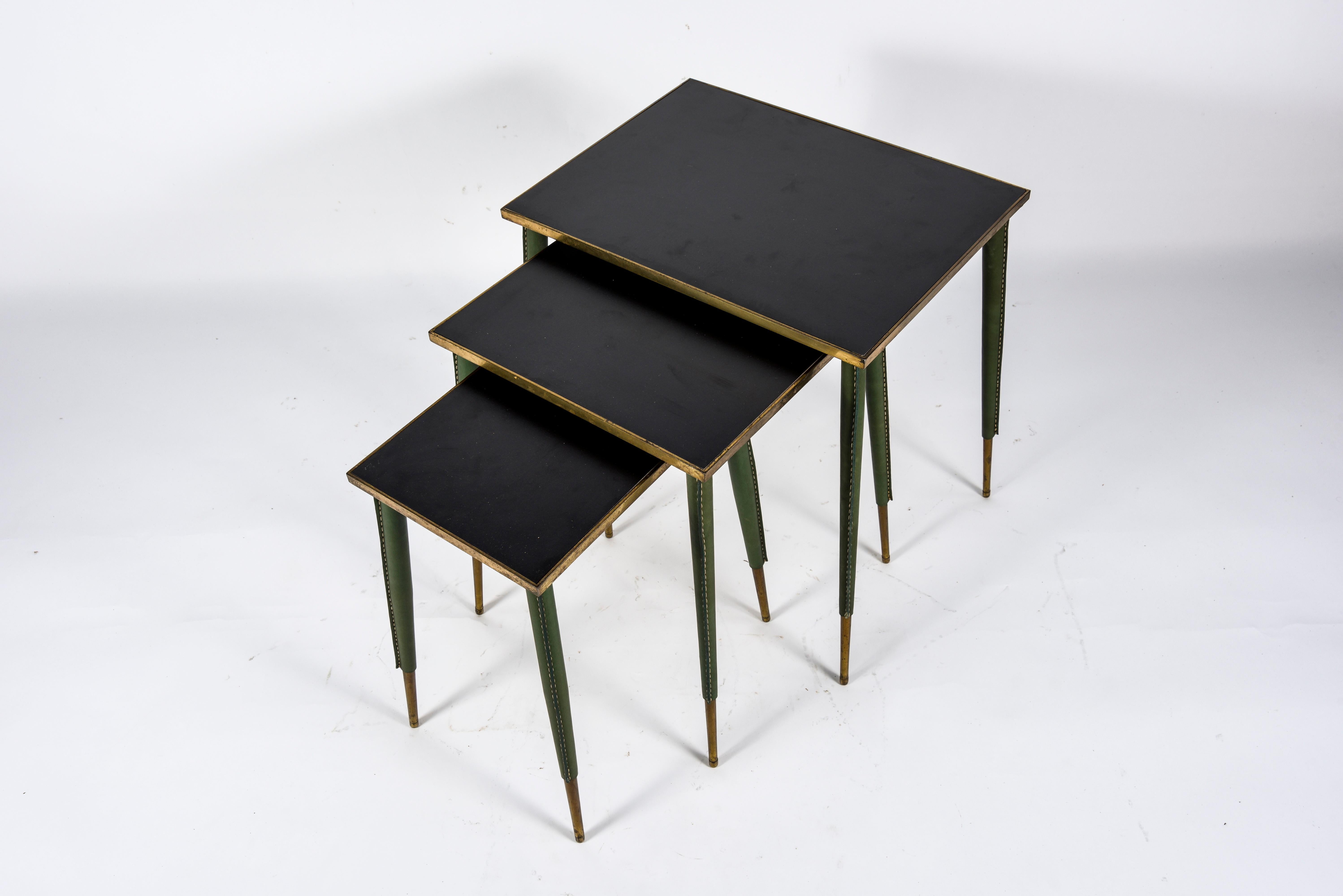 European Rare Stitched Leather Nesting Tables by Jacques Adnet