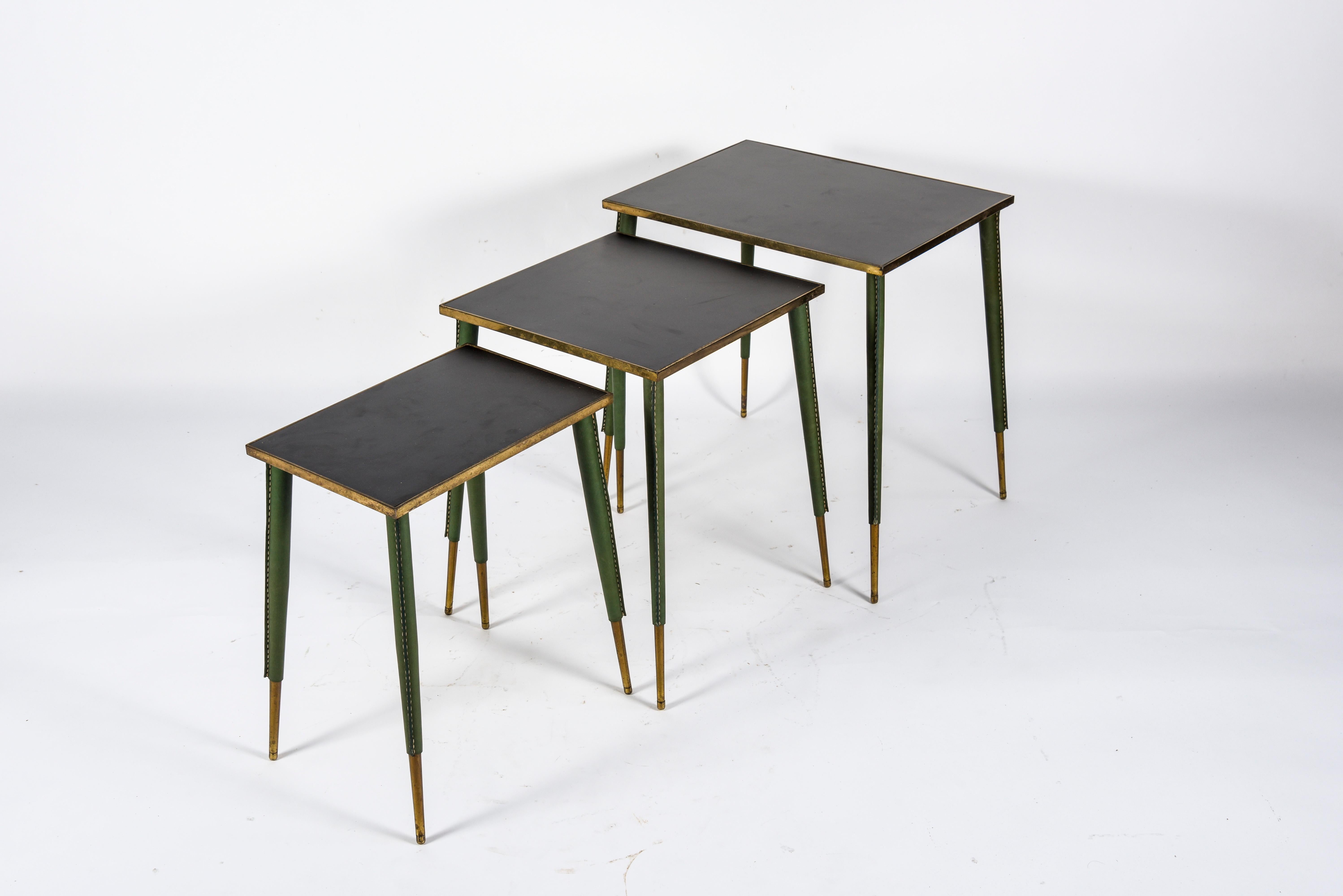 Rare Stitched Leather Nesting Tables by Jacques Adnet 1