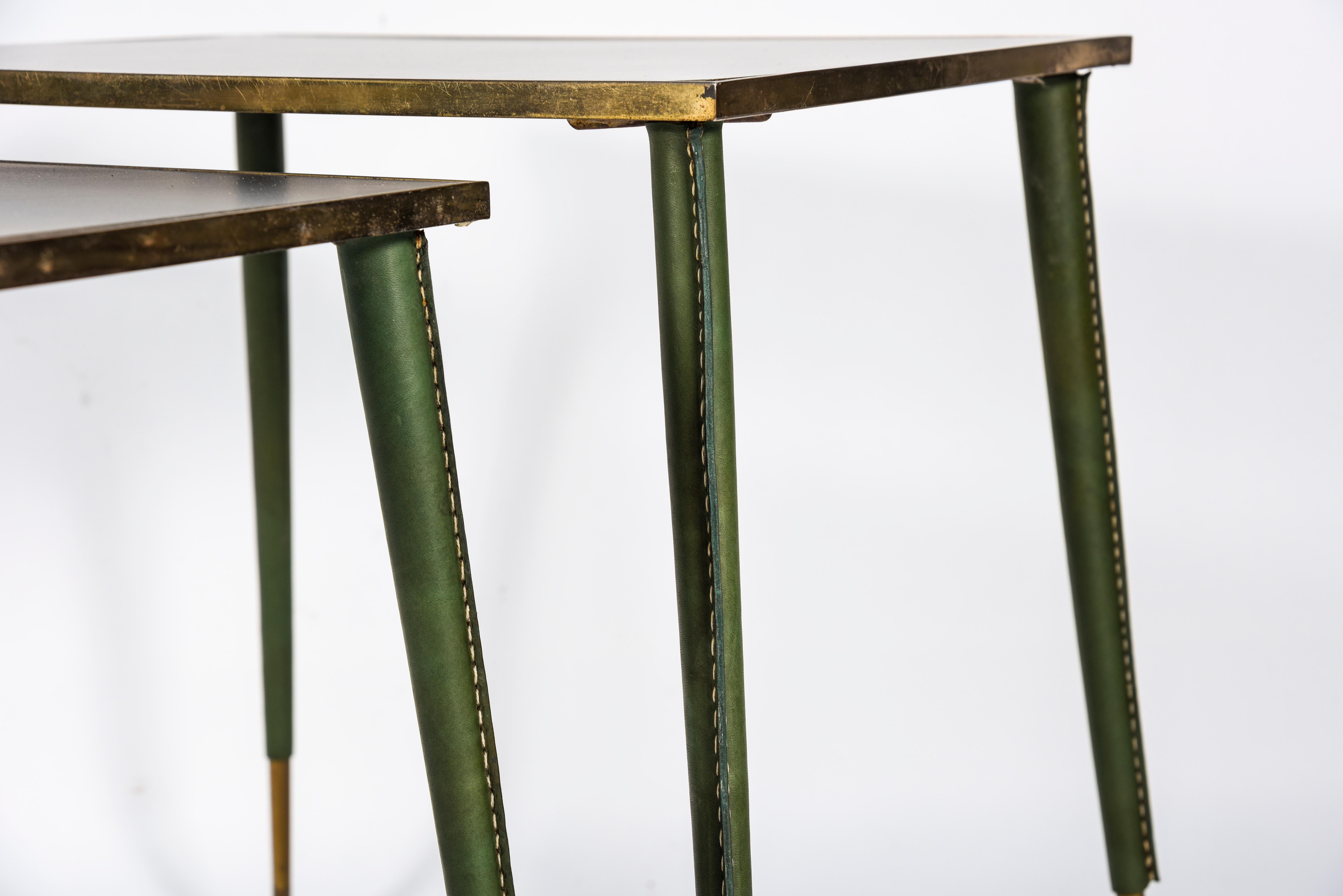 Rare Stitched Leather Nesting Tables by Jacques Adnet 2