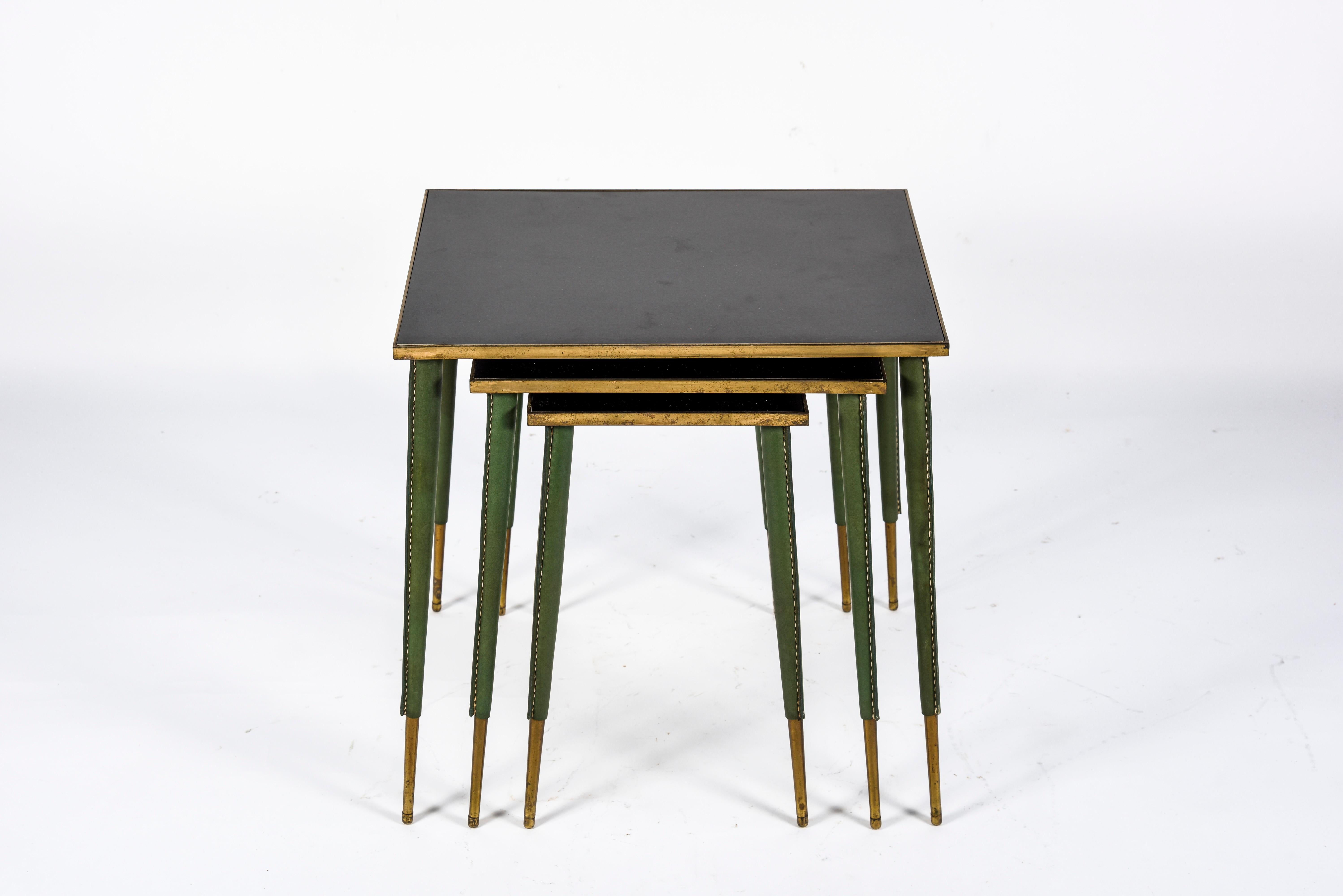 Rare Stitched Leather Nesting Tables by Jacques Adnet 3