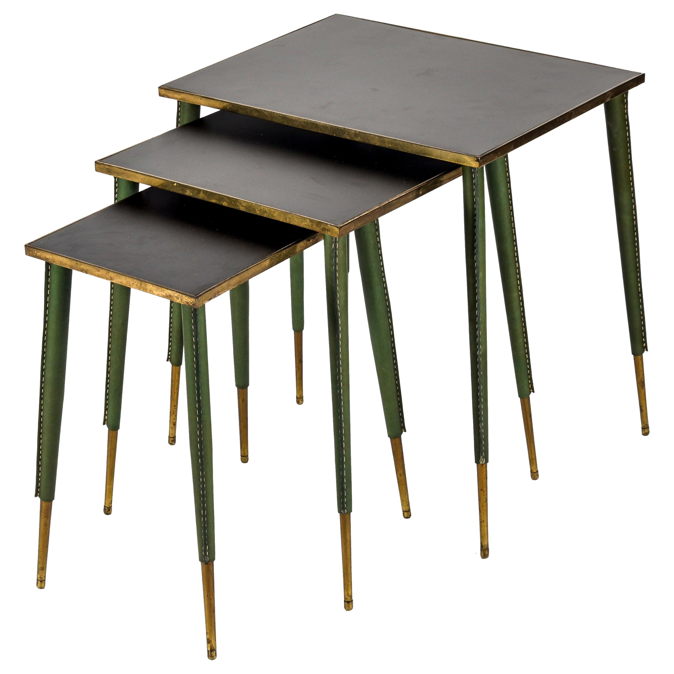 Rare Stitched Leather Nesting Tables by Jacques Adnet