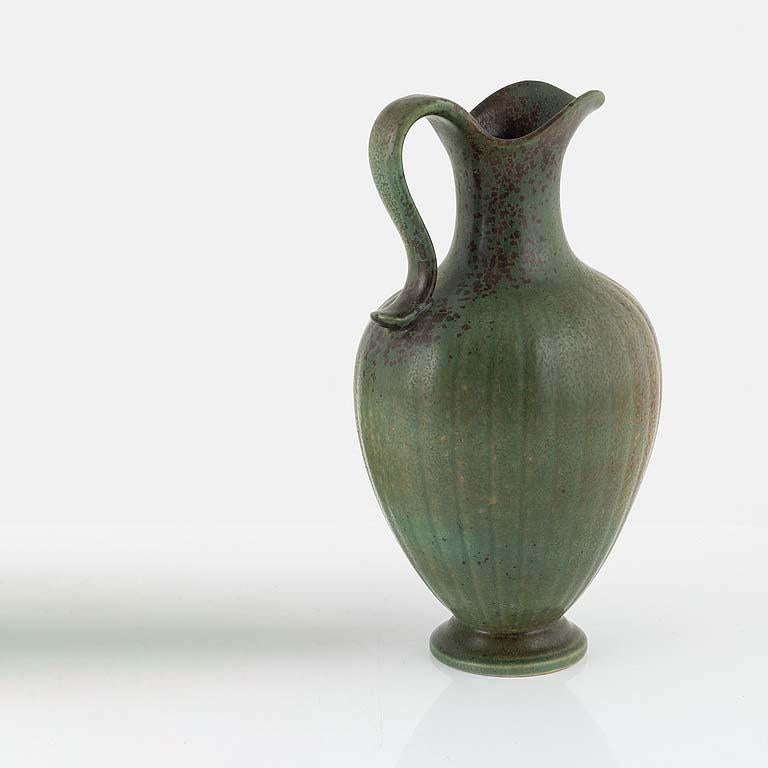 Swedish Rare Stoneware Pitcher Vase by Gunnar Nylund, Green and Brown, Sweden, 1950's  For Sale
