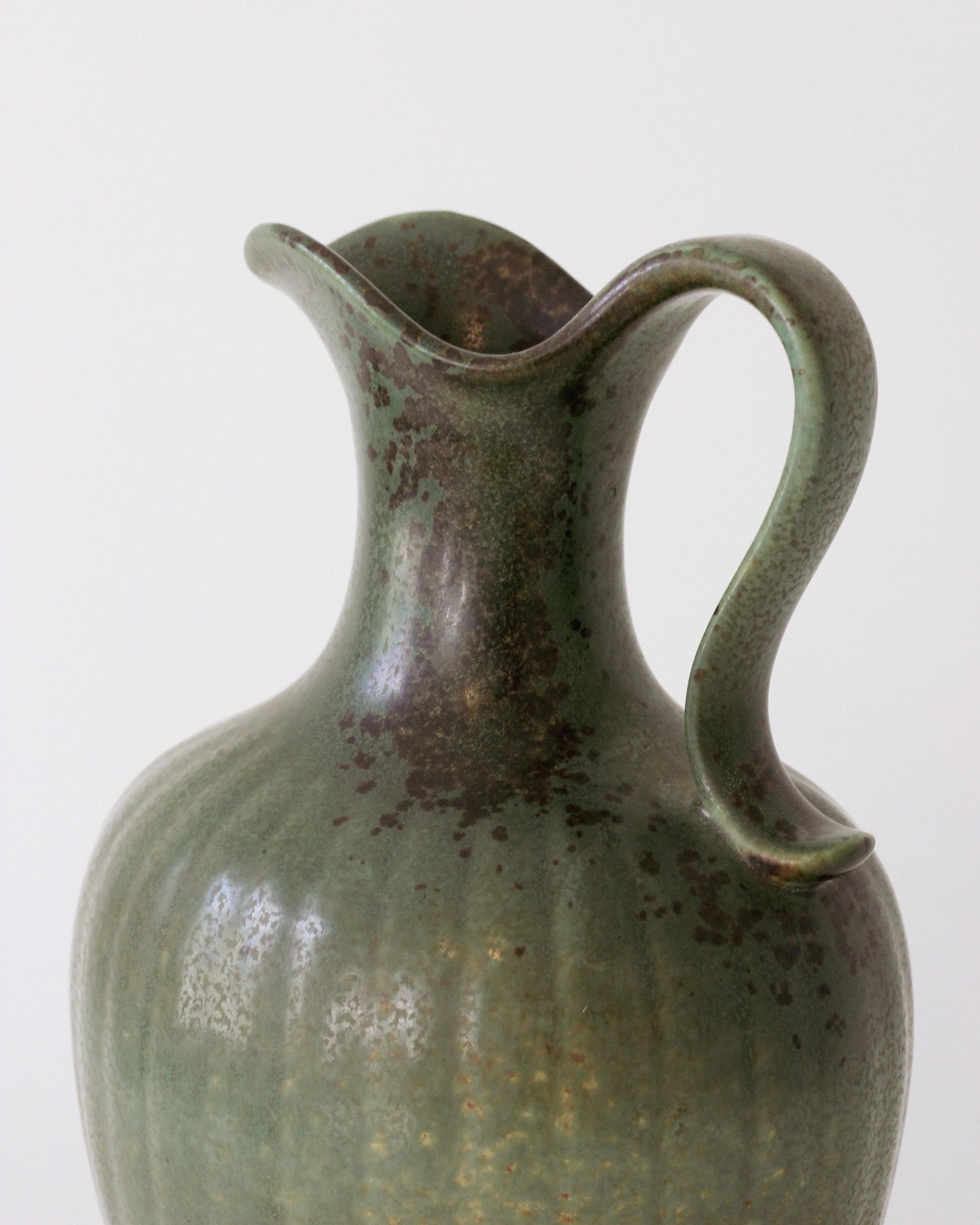 Mid-Century Modern Rare Stoneware Pitcher Vase by Gunnar Nylund, Green and Brown, Sweden, 1950's  For Sale