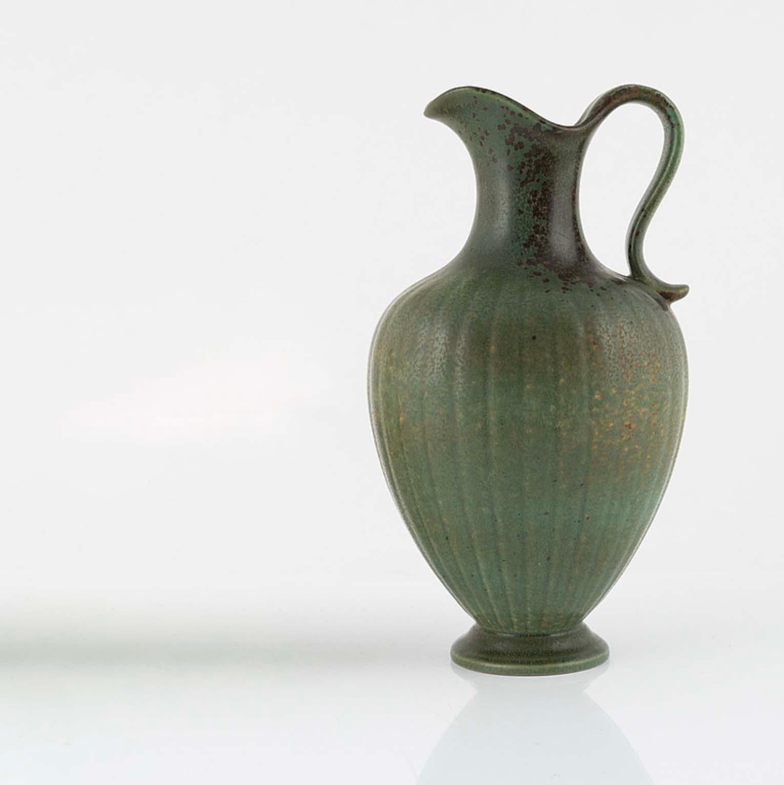 20th Century Rare Stoneware Pitcher Vase by Gunnar Nylund, Green and Brown, Sweden, 1950's  For Sale