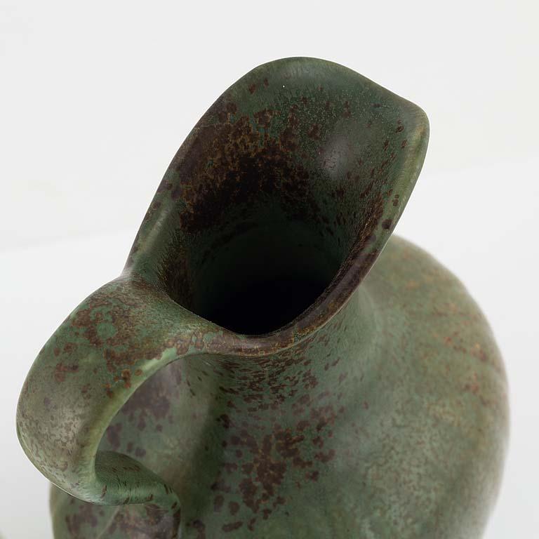 Ceramic Rare Stoneware Pitcher Vase by Gunnar Nylund, Green and Brown, Sweden, 1950's  For Sale
