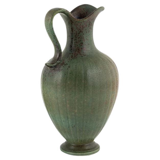 Rare Stoneware Pitcher Vase by Gunnar Nylund, Green and Brown, Sweden, 1950's  For Sale