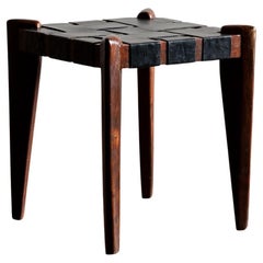 Rare Stool by Edmond Spence in Walnut and Woven Black Leather, US, 1960s Rare Stool by Edmond Spence in Walnut and Woven Black Leather, US, 1960s