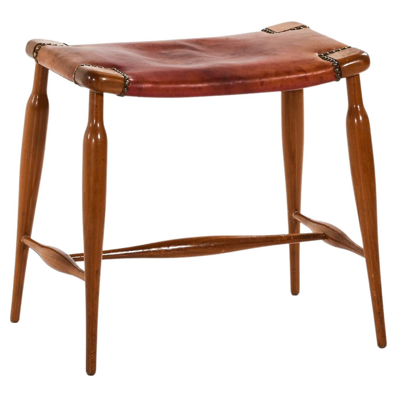 Raro sgabello in mogano e pelle originale di Josef Frank, anni '50 in vendita