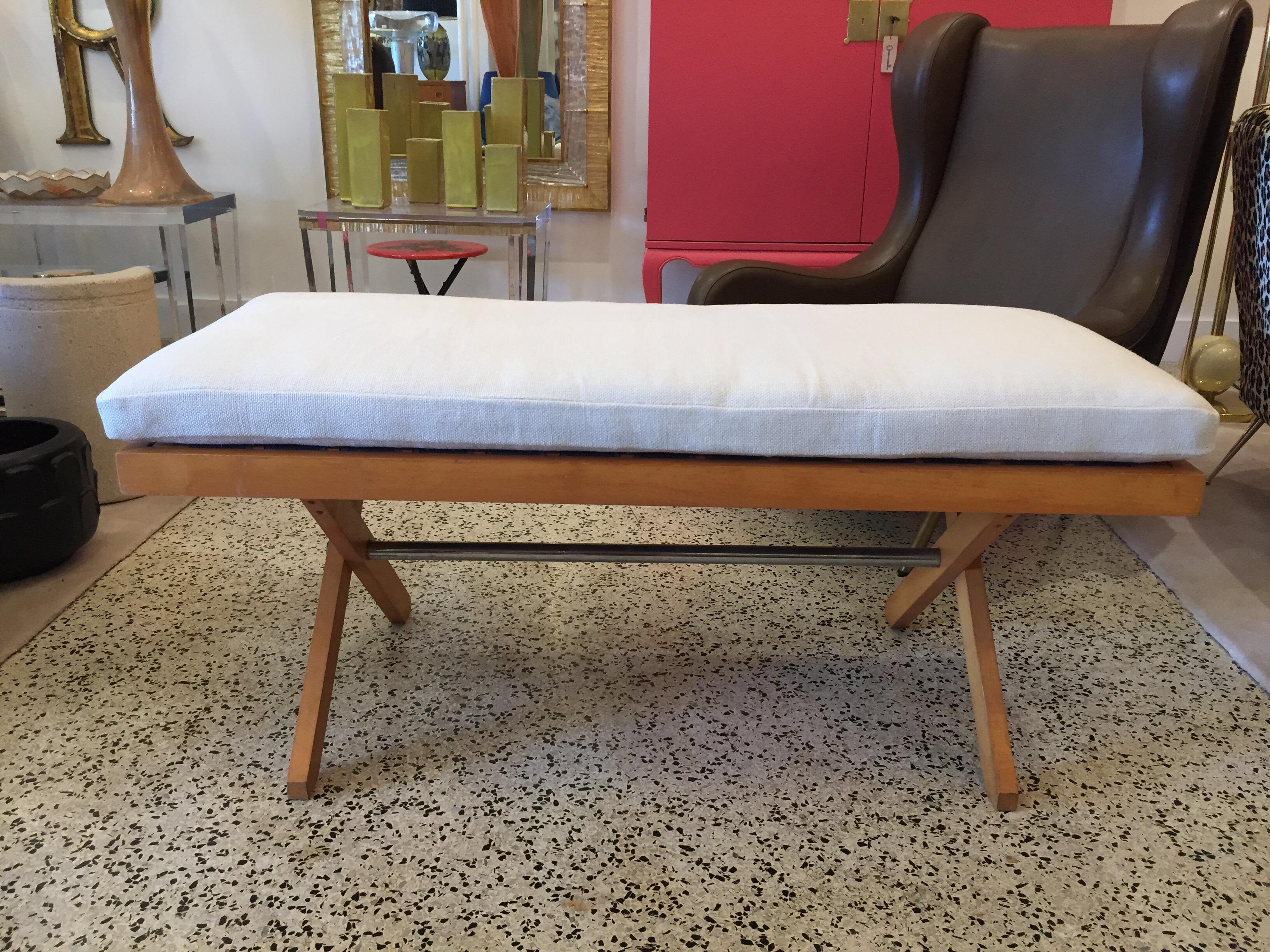 Mid-Century Modern Rare Strap Midcentury Bench in Style of Pierre Jeanneret For Sale