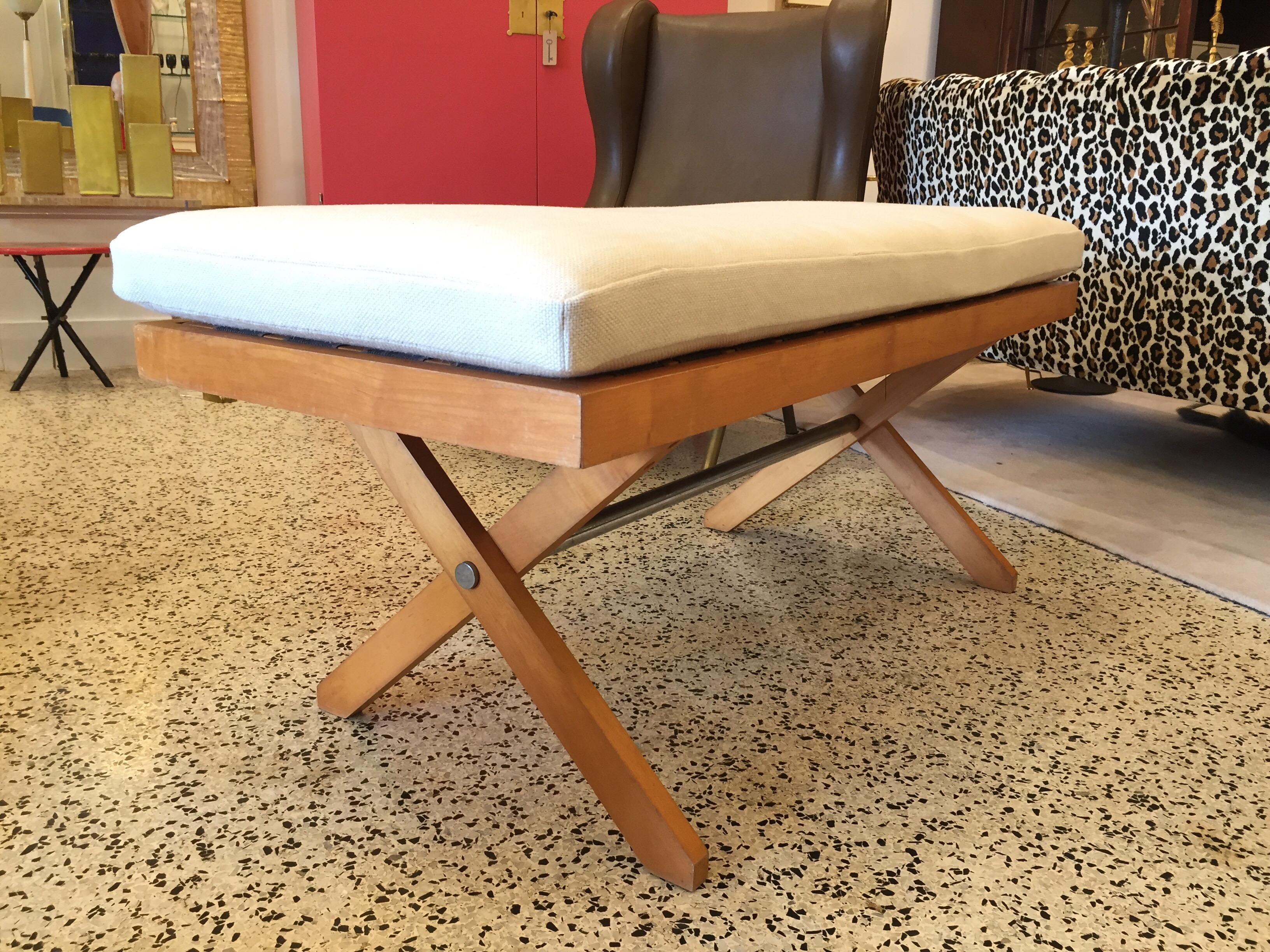 French Rare Strap Midcentury Bench in Style of Pierre Jeanneret For Sale