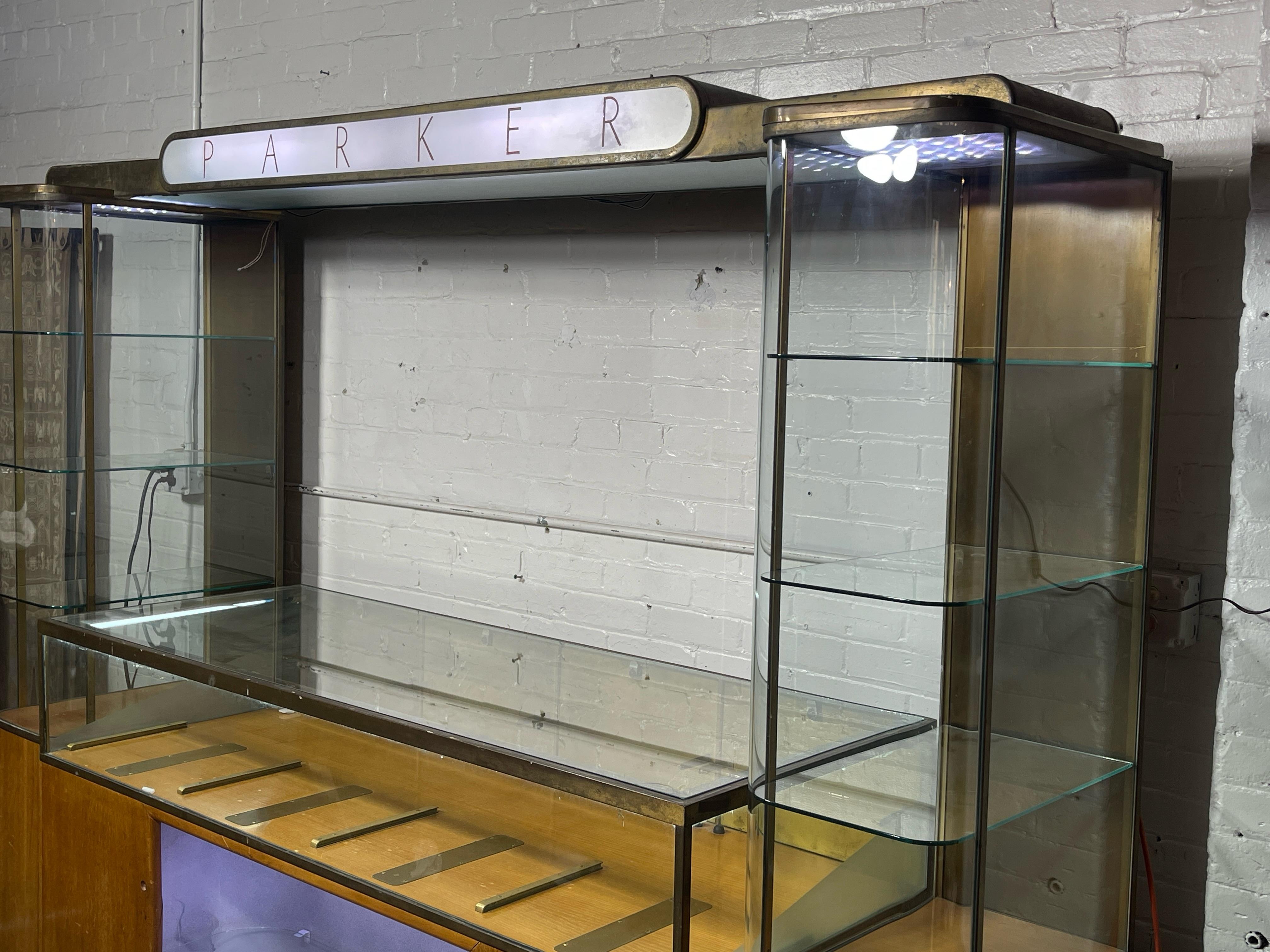 Rare Streamline Art Deco Brass & Oak Double Tower Display Case by Parker Pens For Sale 11
