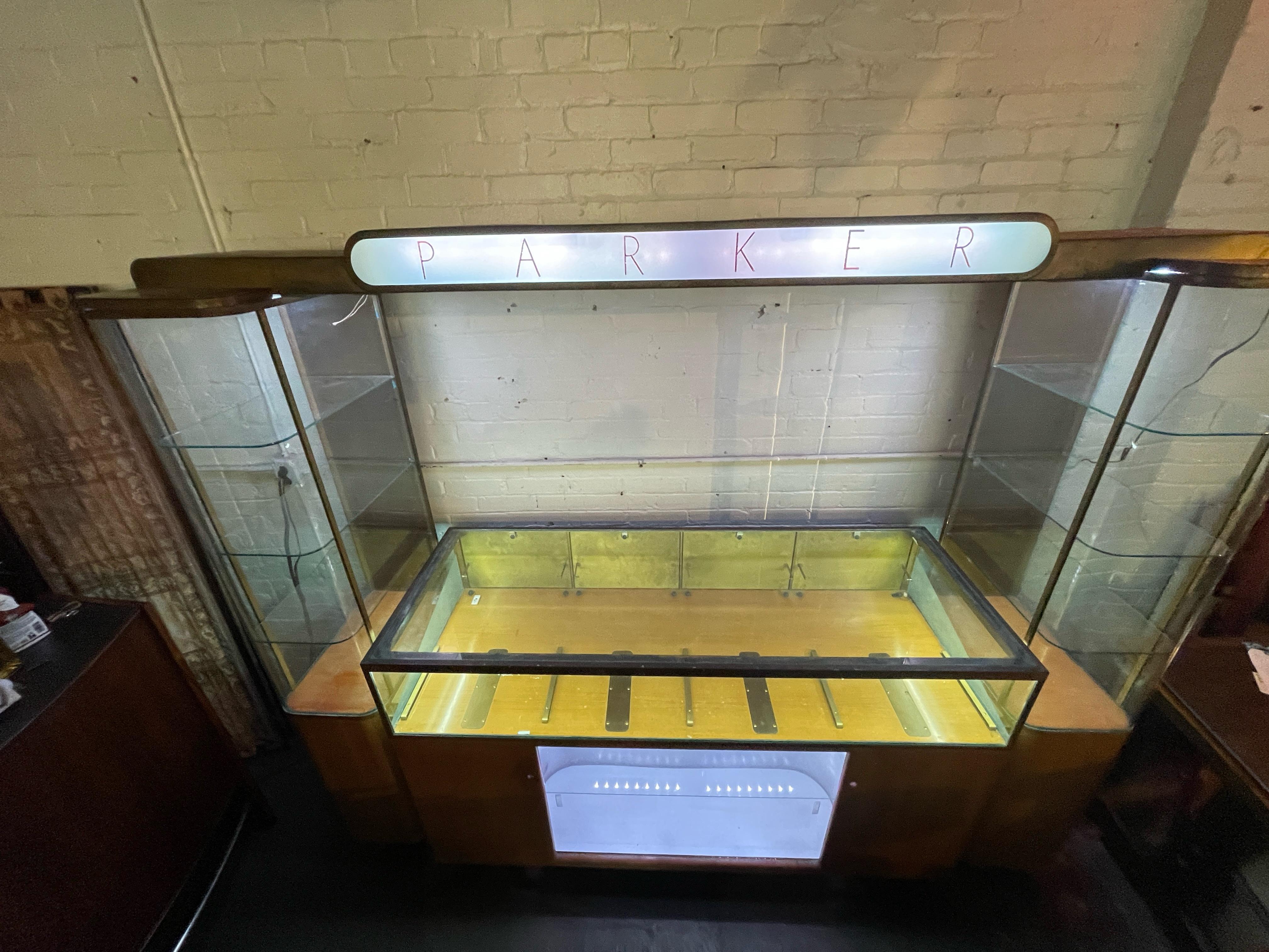 Rare Streamline Art Deco Brass & Oak Double Tower Display Case by Parker Pens For Sale 14