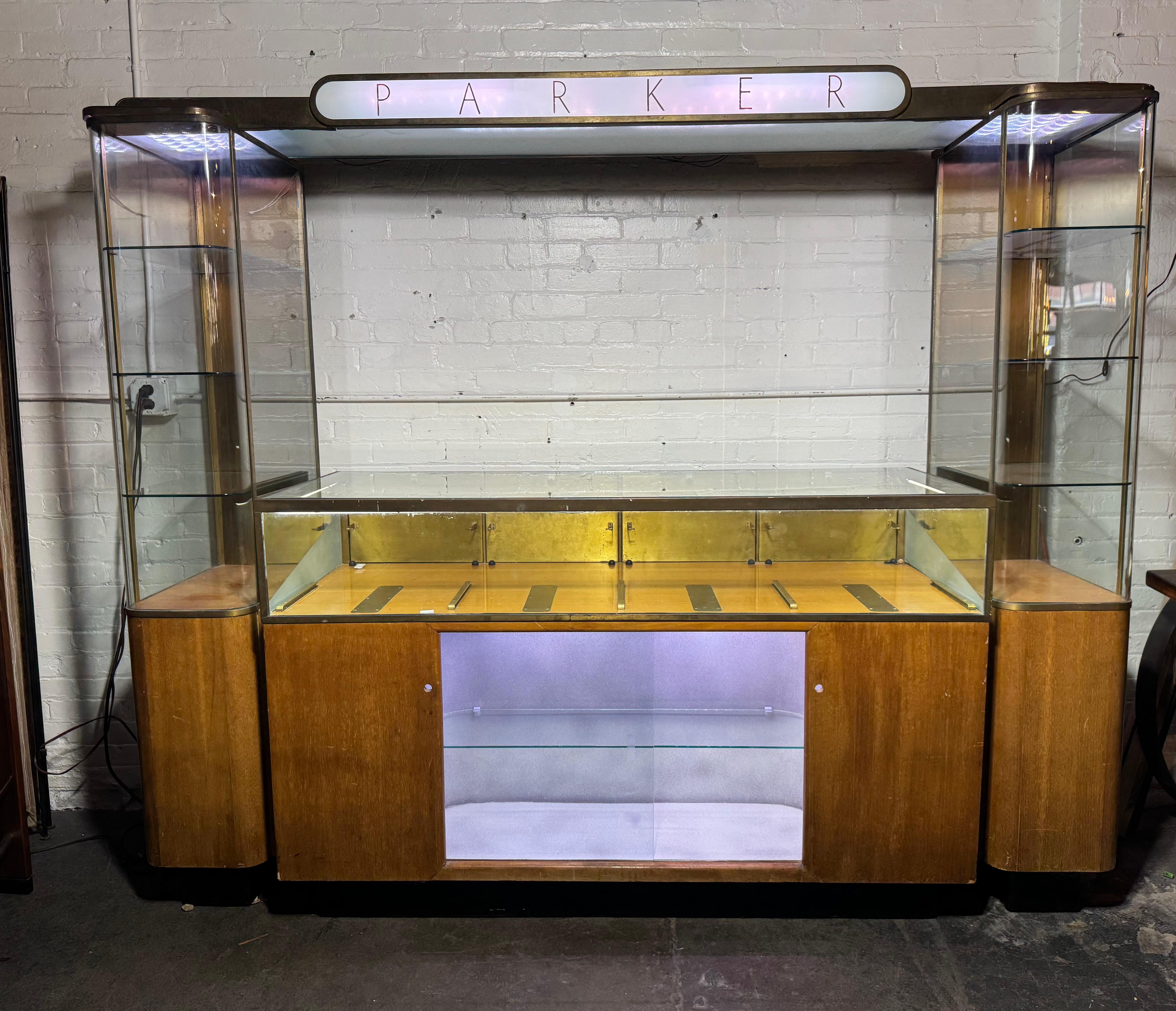 American Rare Streamline Art Deco Brass & Oak Double Tower Display Case by Parker Pens For Sale
