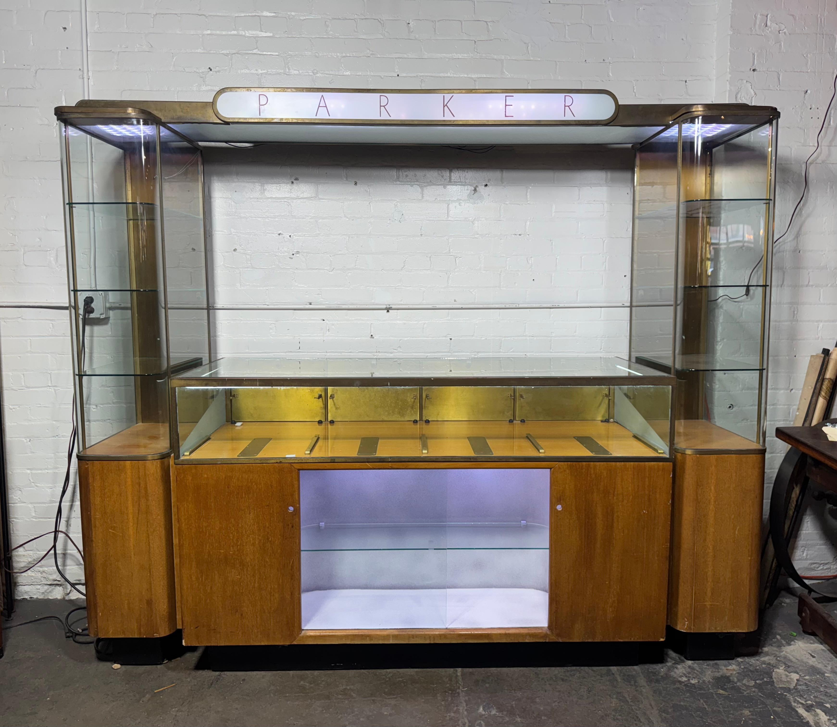 Rare Streamline Art Deco Brass & Oak Double Tower Display Case by Parker Pens For Sale 1