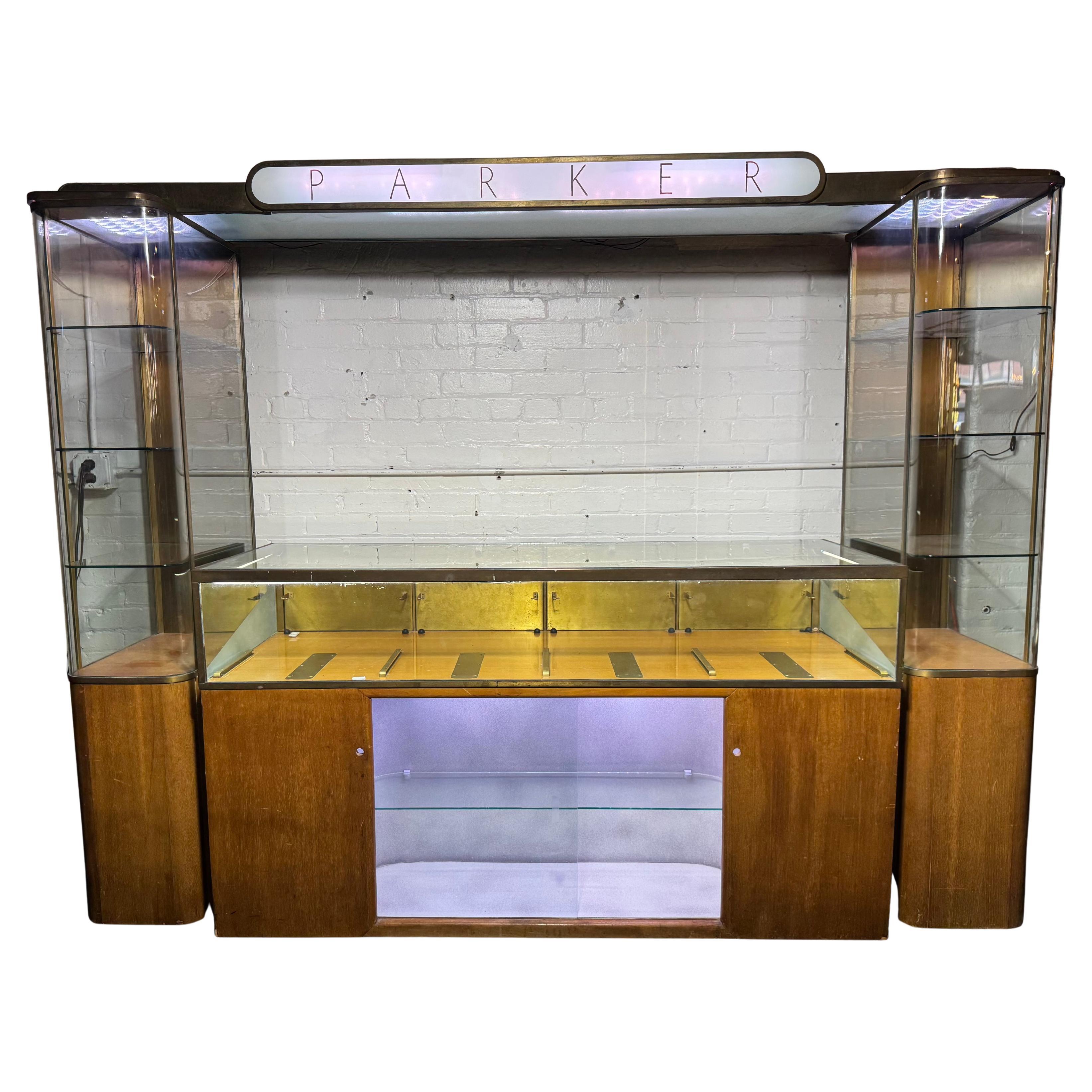 Rare Streamline Art Deco Brass & Oak Double Tower Display Case by Parker Pens For Sale