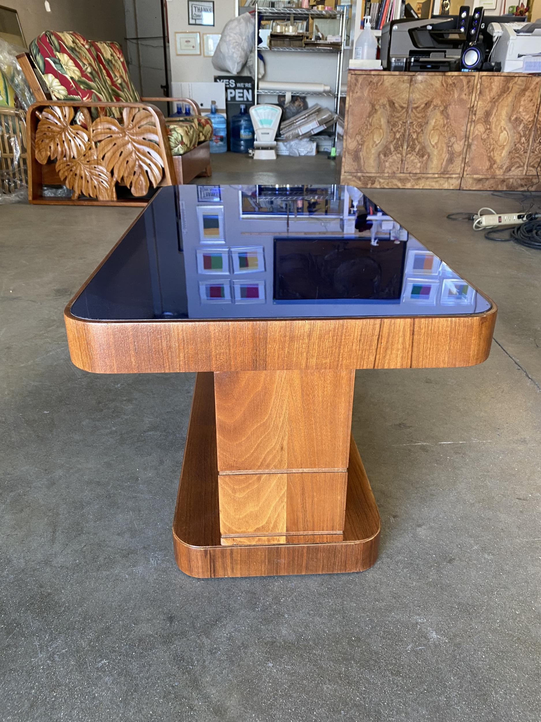 American Rare Streamline Art Deco Mahogany Coffee Table w/ Cobalt Glass Top
