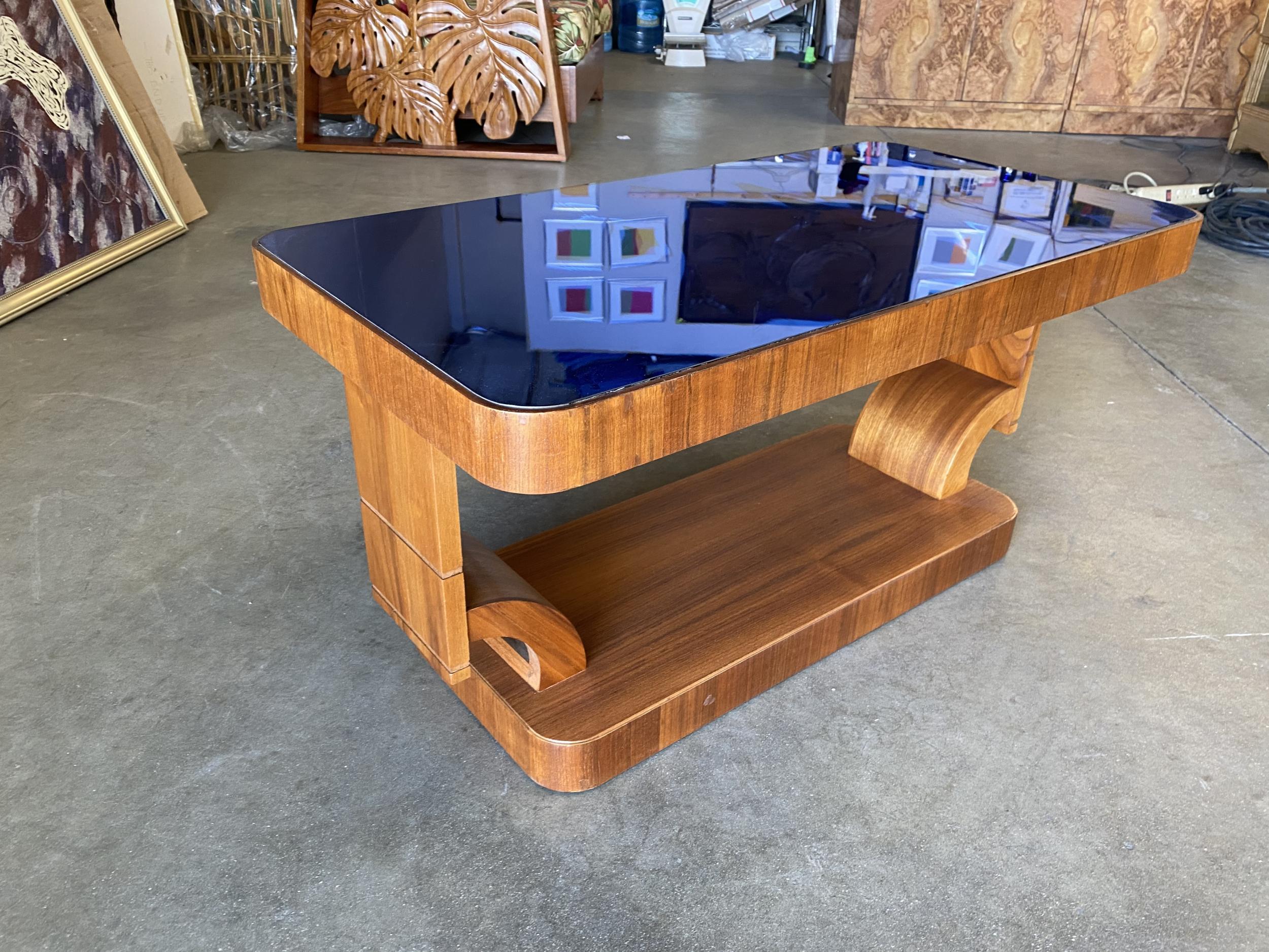Rare Streamline Art Deco Mahogany Coffee Table w/ Cobalt Glass Top 2