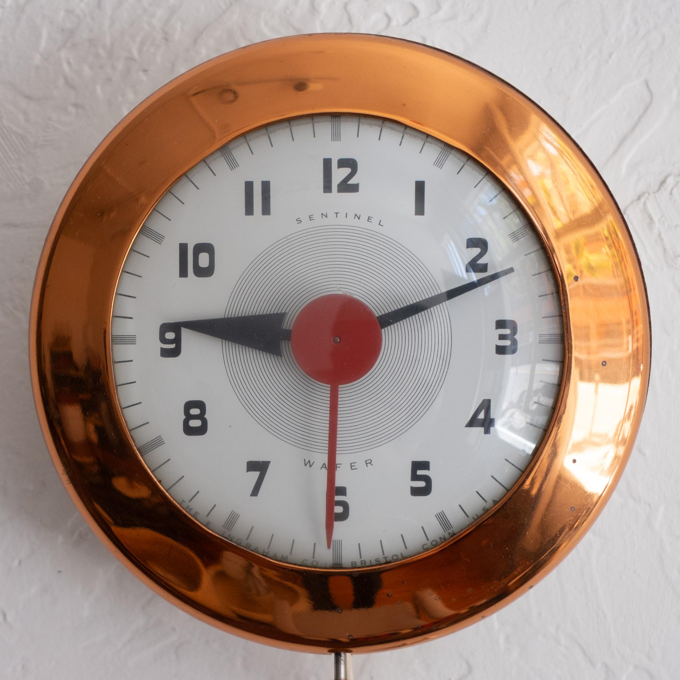 American Rare Streamline Moderne Copper 1940s Wafer Wall Clock by Henry Dreyfuss For Sale