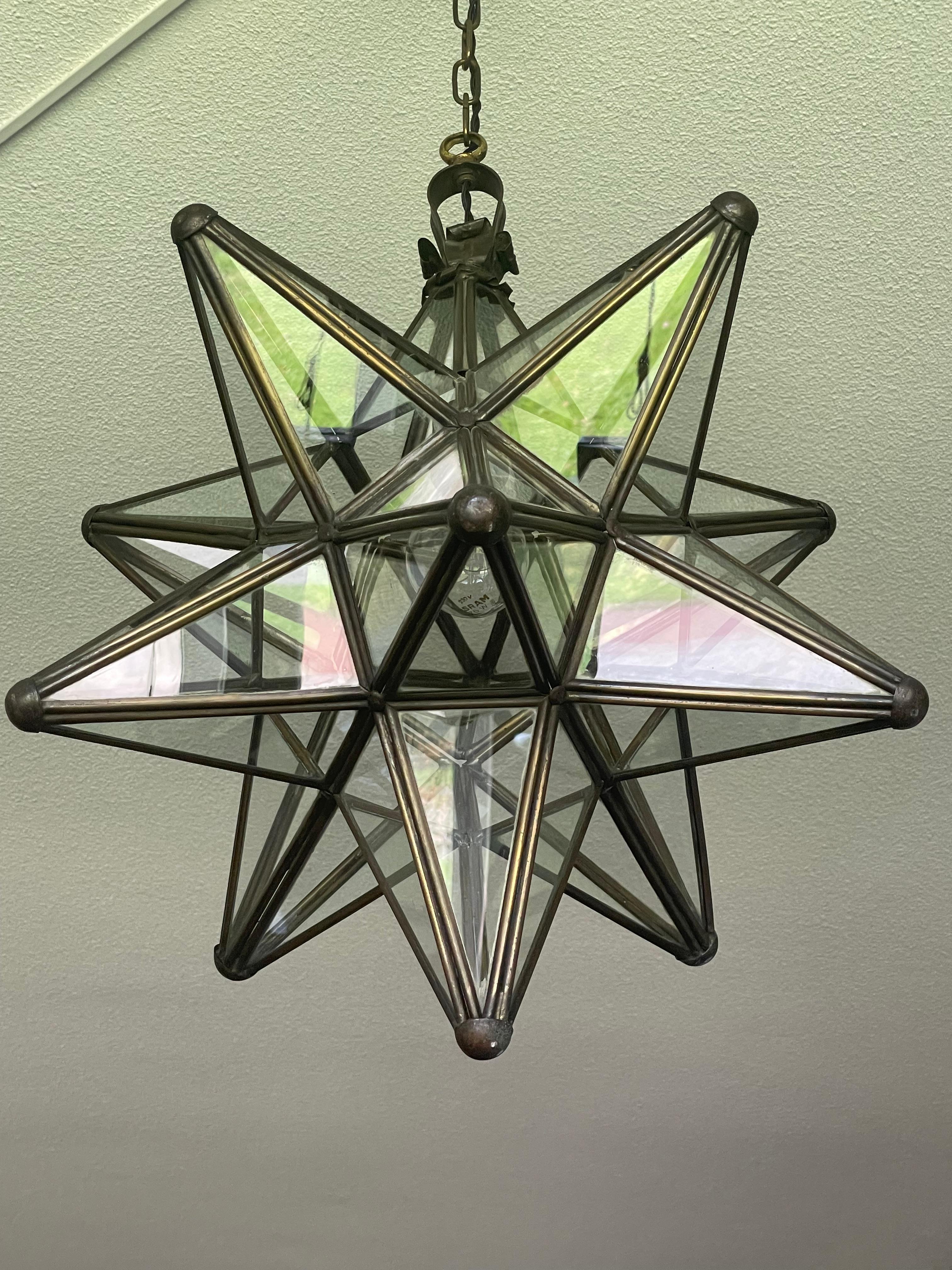 Rare & Striking Arts and Crafts Era Brass & Glass Star Design Pendant Light 3