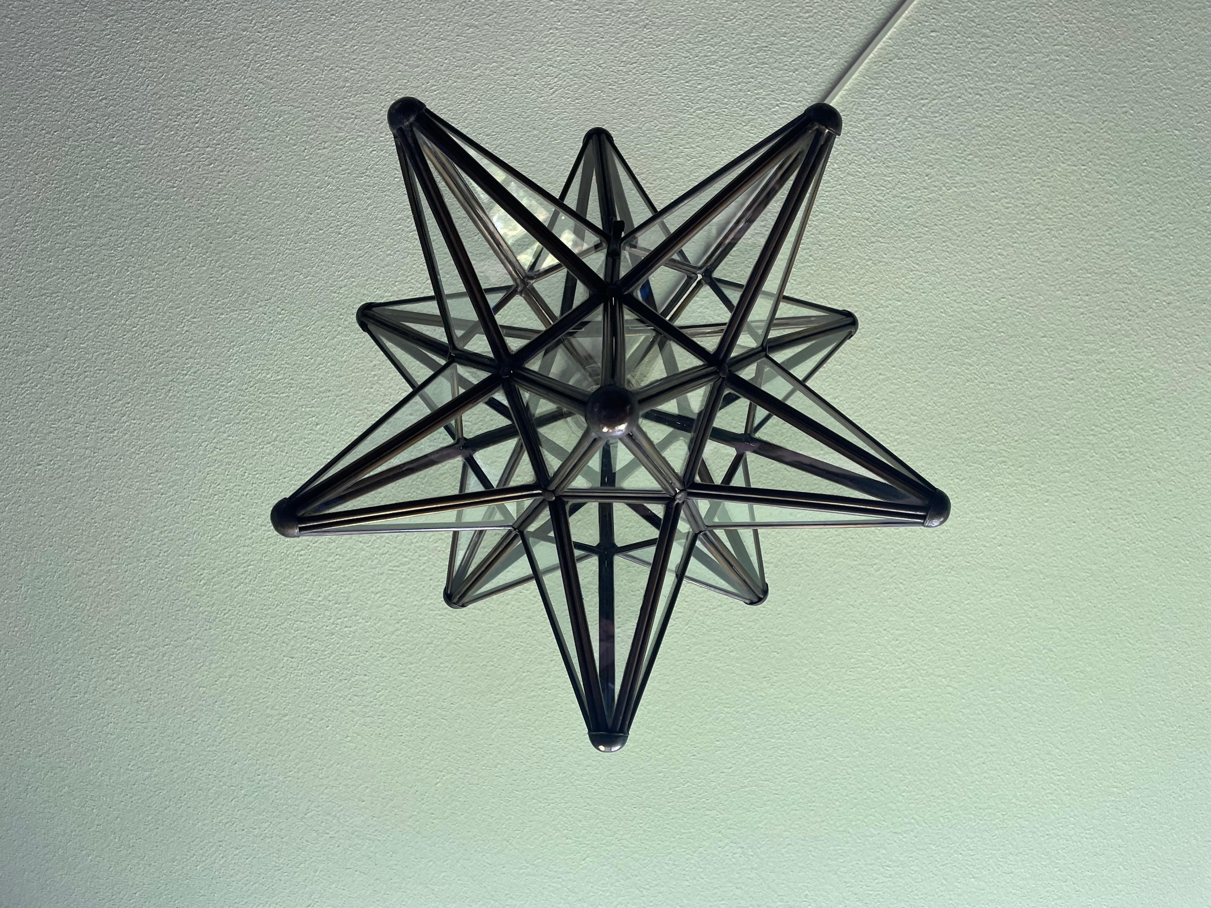 Rare & Striking Arts and Crafts Era Brass & Glass Star Design Pendant Light 4