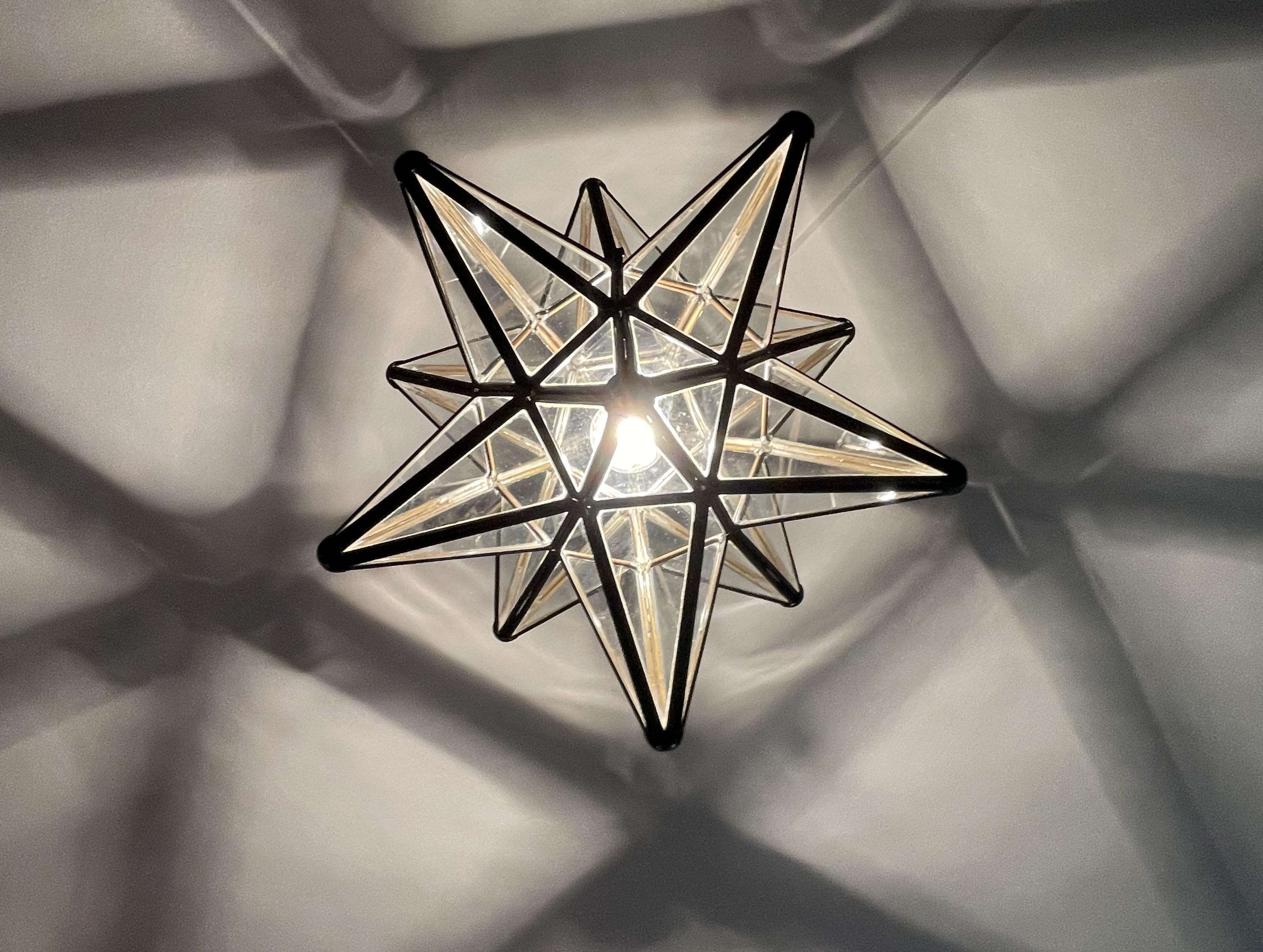 Rare & Striking Arts and Crafts Era Brass & Glass Star Design Pendant Light 5