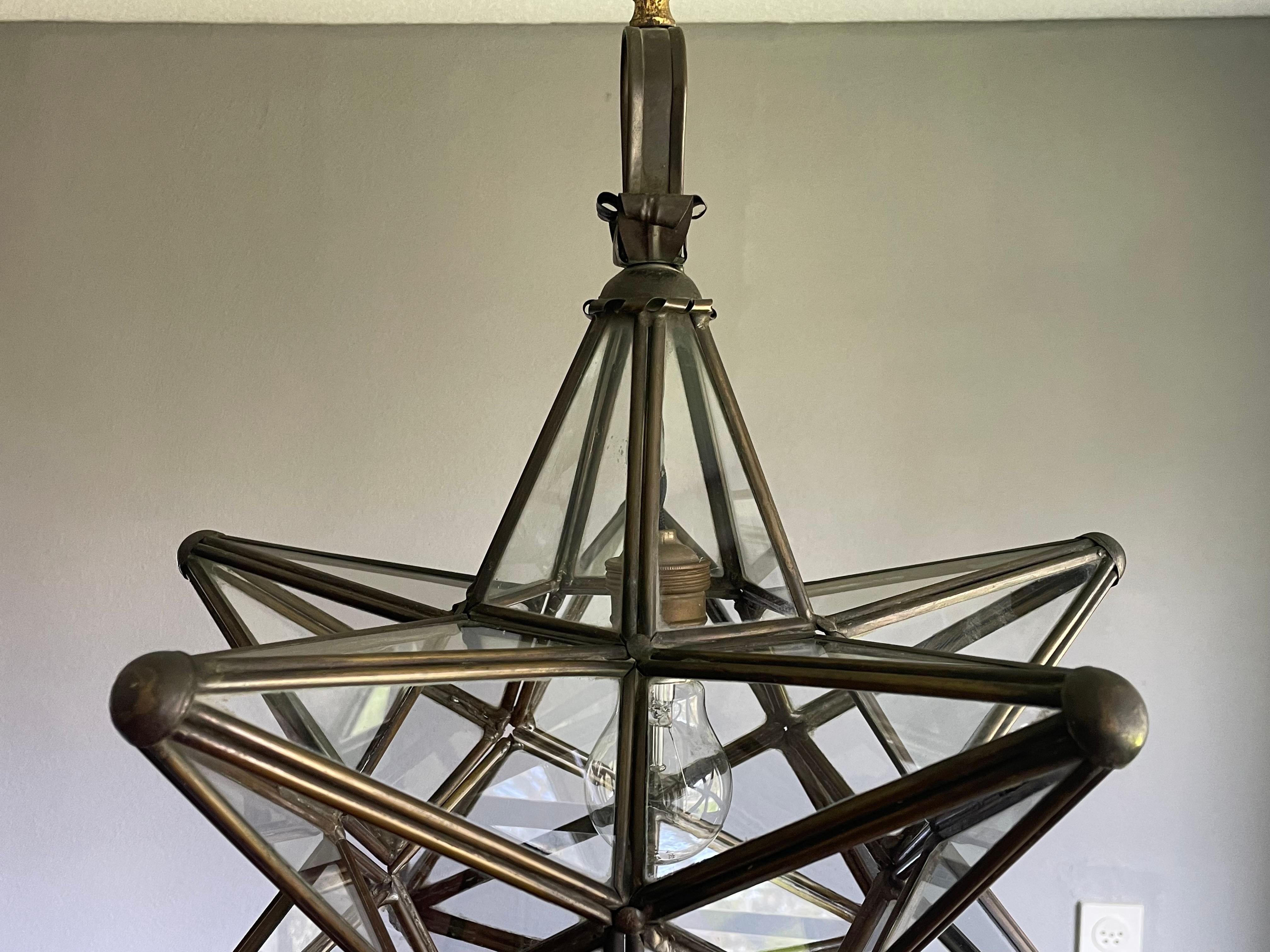Rare & Striking Arts and Crafts Era Brass & Glass Star Design Pendant Light 7