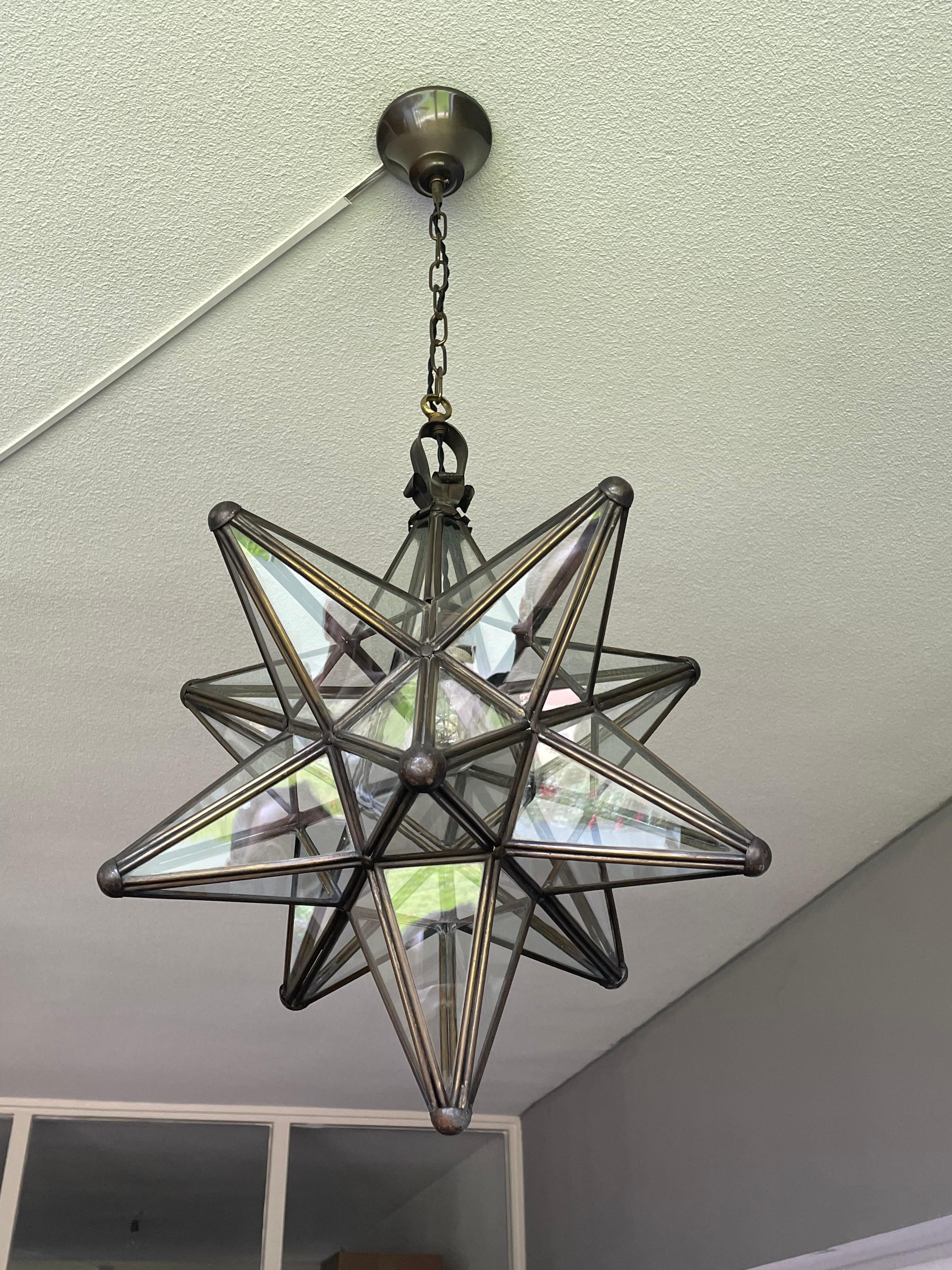 Rare & Striking Arts and Crafts Era Brass & Glass Star Design Pendant Light 8