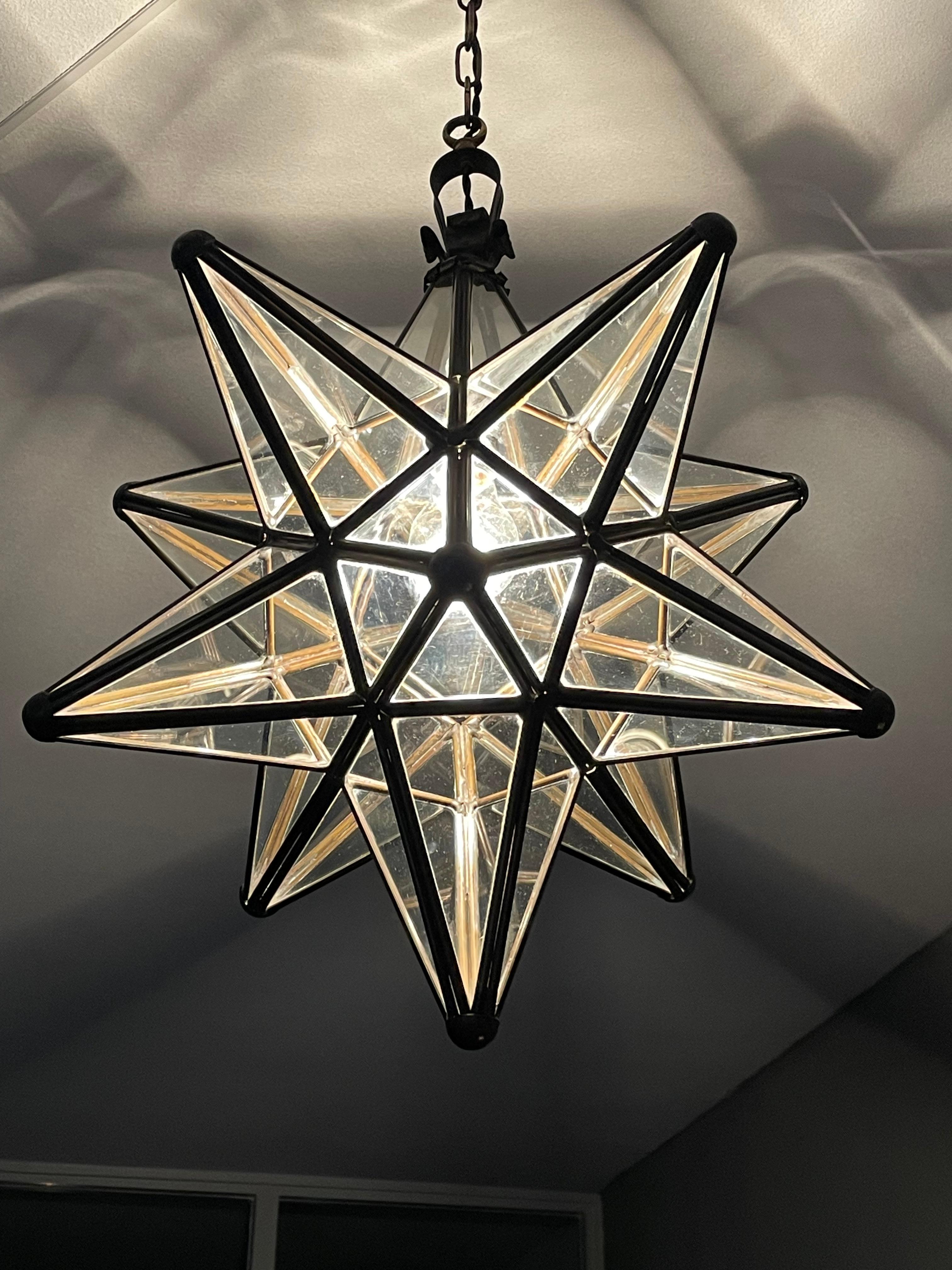 Rare & Striking Arts and Crafts Era Brass & Glass Star Design Pendant Light 9