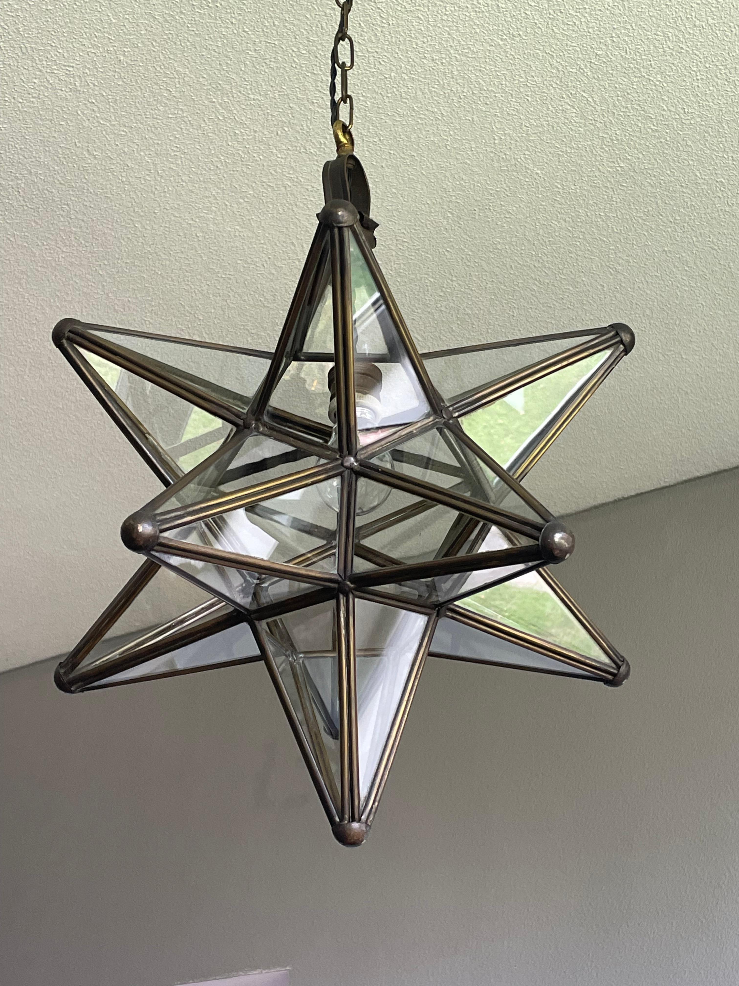 Rare & Striking Arts and Crafts Era Brass & Glass Star Design Pendant Light 10