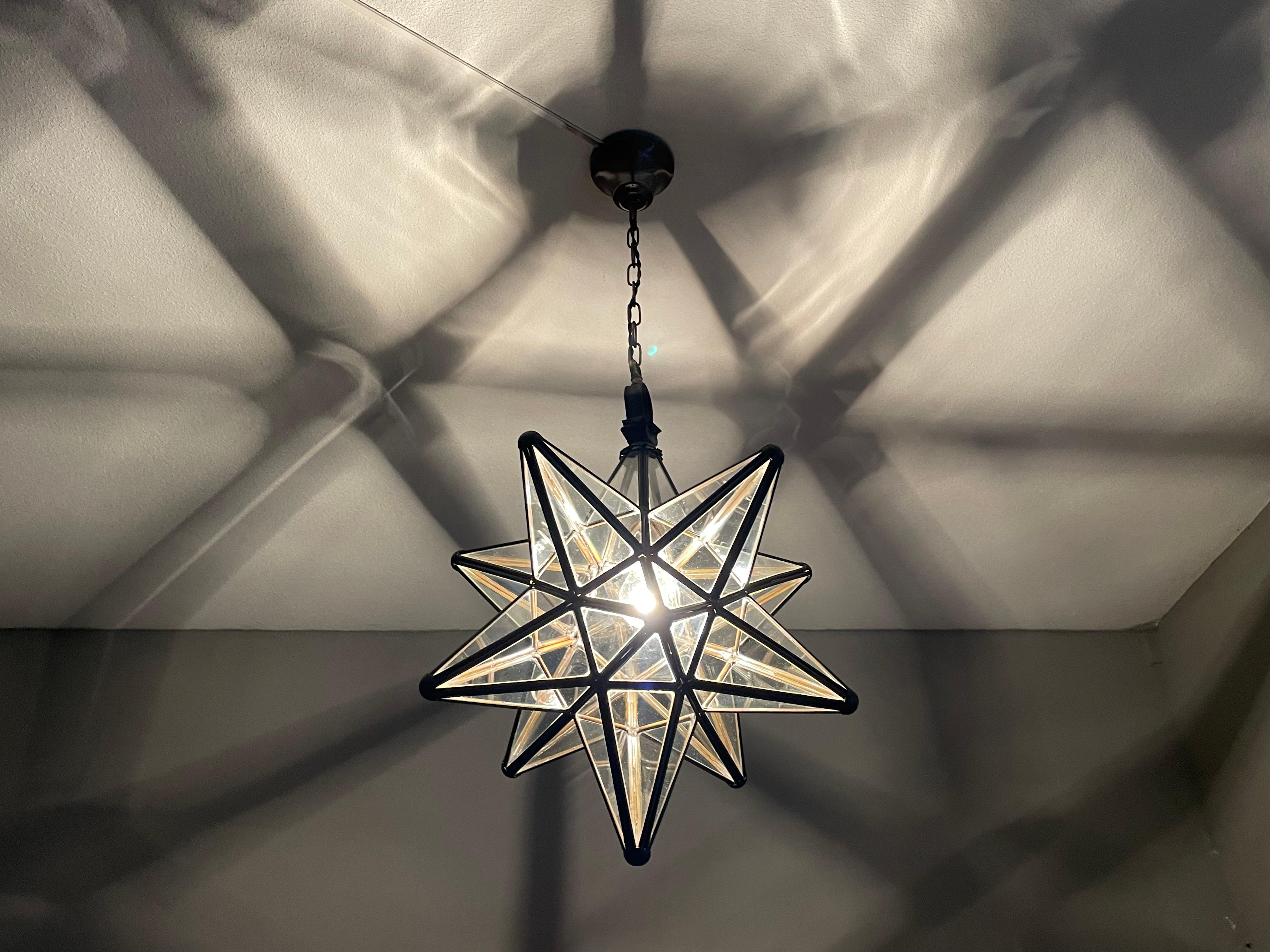 Rare & Striking Arts and Crafts Era Brass & Glass Star Design Pendant Light 11